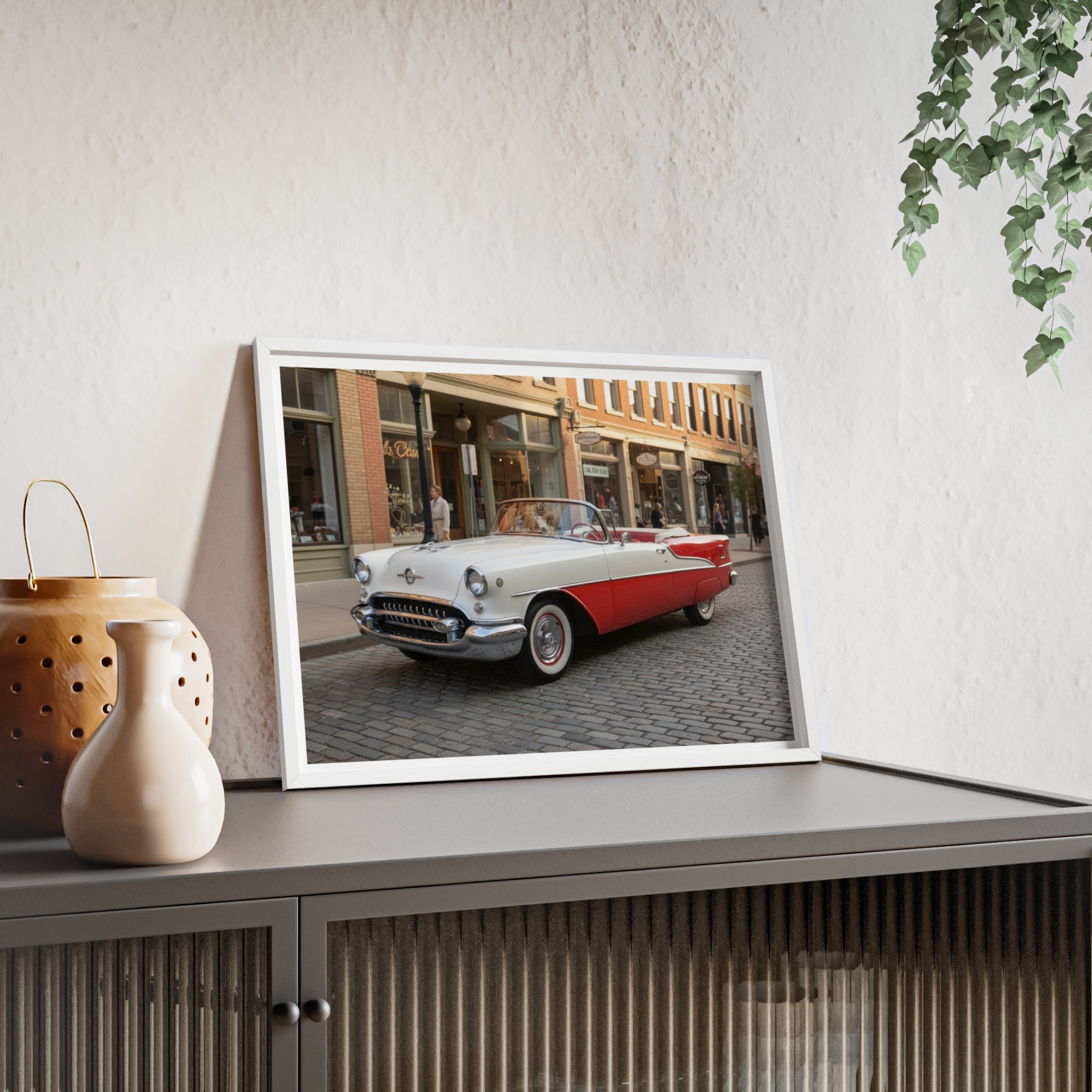 Vintage Red & White Convertible Poster with Wooden Frame — Retro Car Wall Art