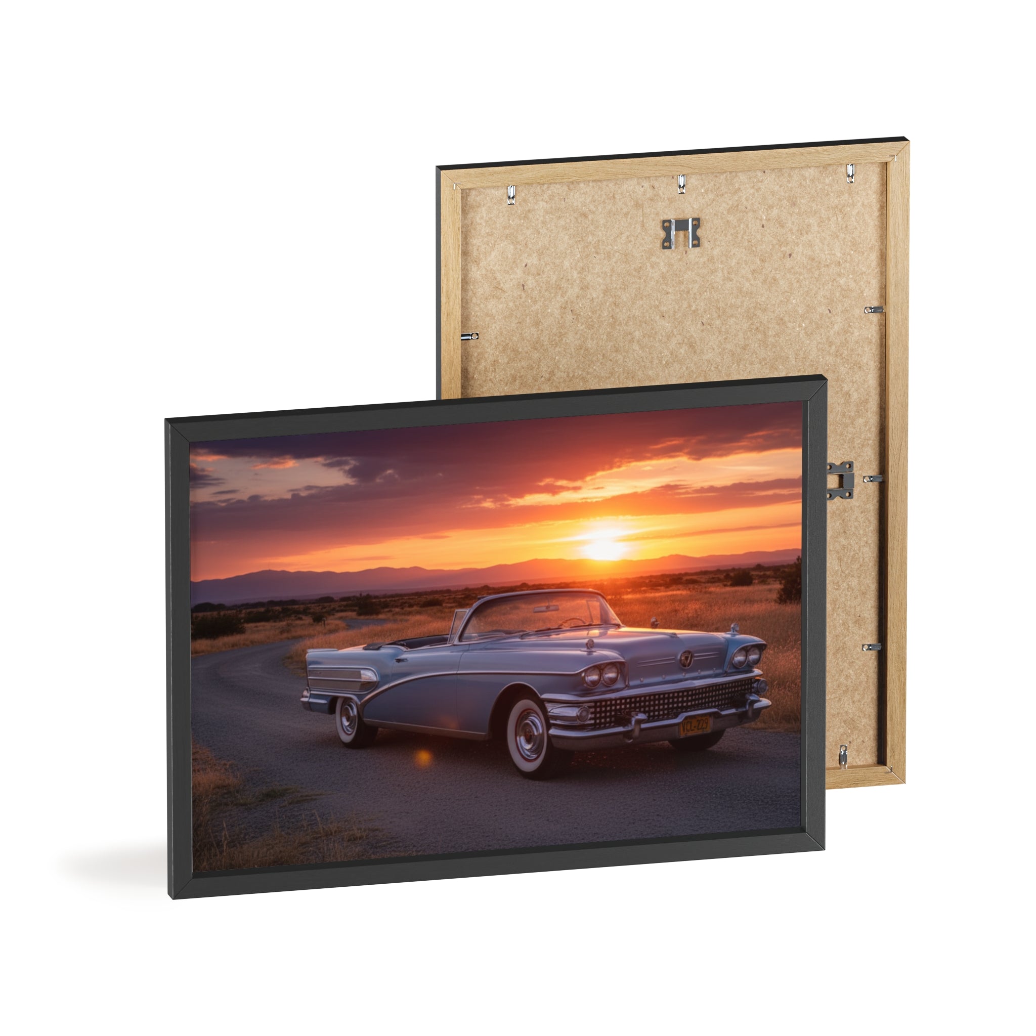 Vintage Convertible Sunset Poster with Wooden Frame
