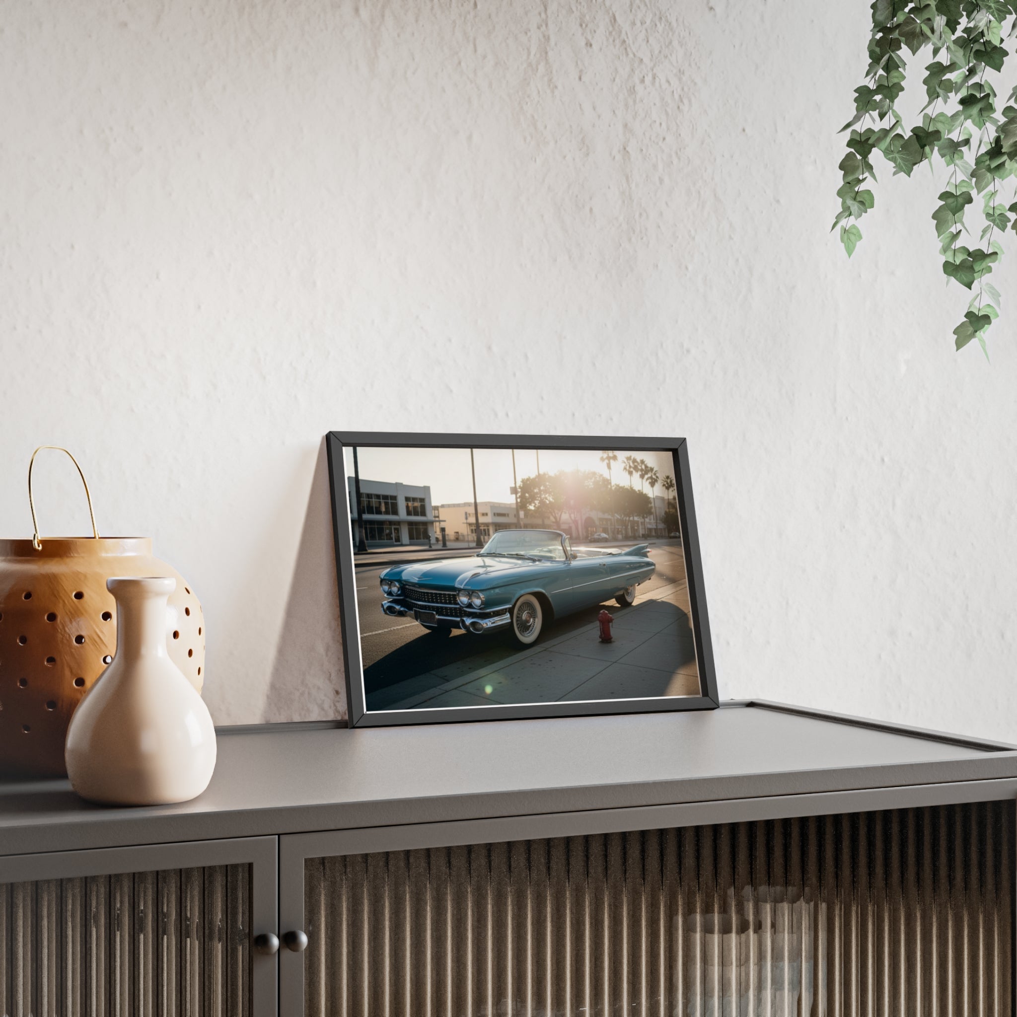 Vintage Blue Cadillac Poster with Wooden Frame – Retro Car Wall Art