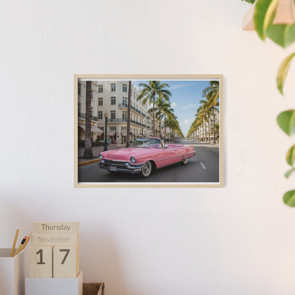 Vintage Pink Cadillac Wall Poster with Wooden Frame — Retro Miami Palm Street Photography