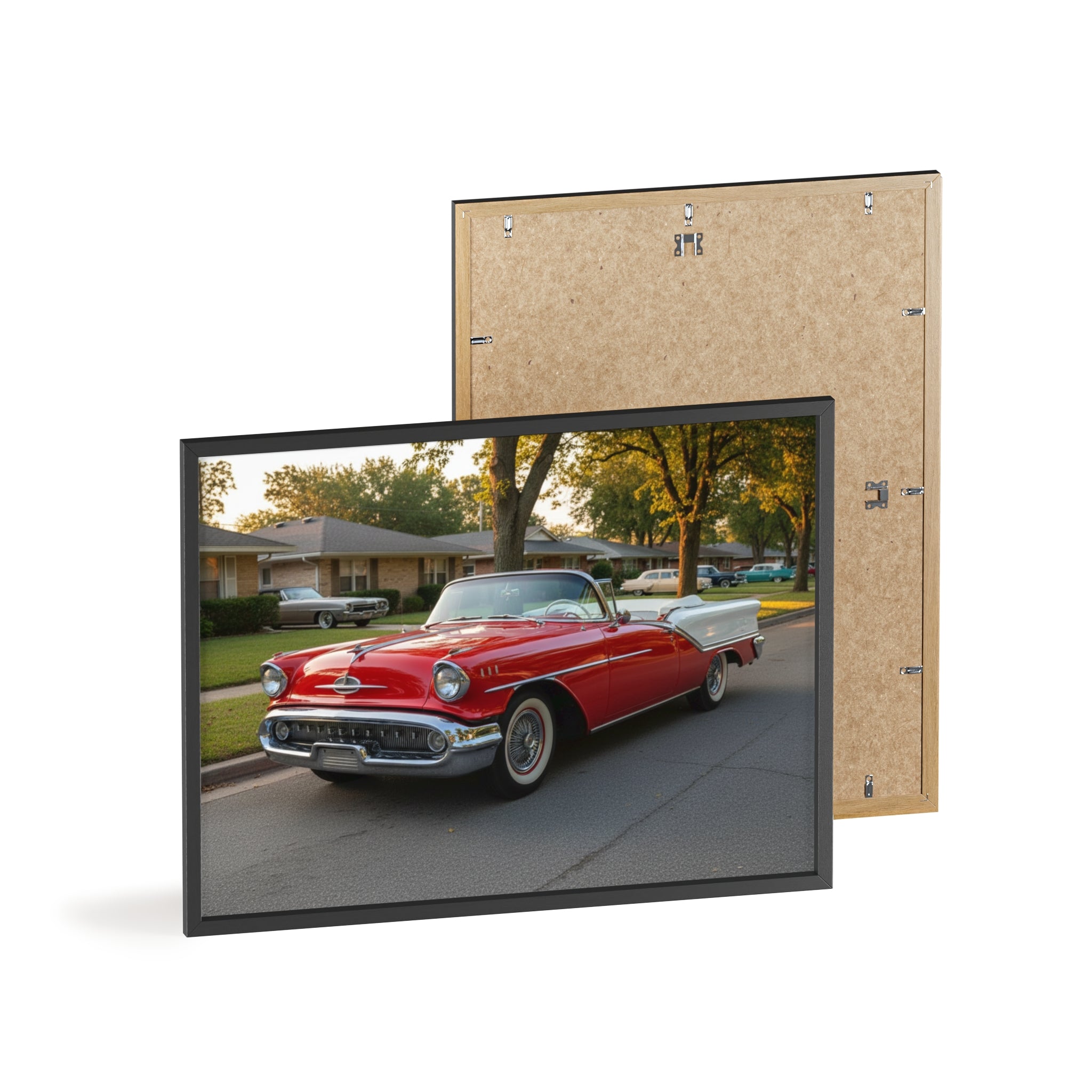 Vintage Red Convertible Poster with Wooden Frame — Classic Car Wall Art