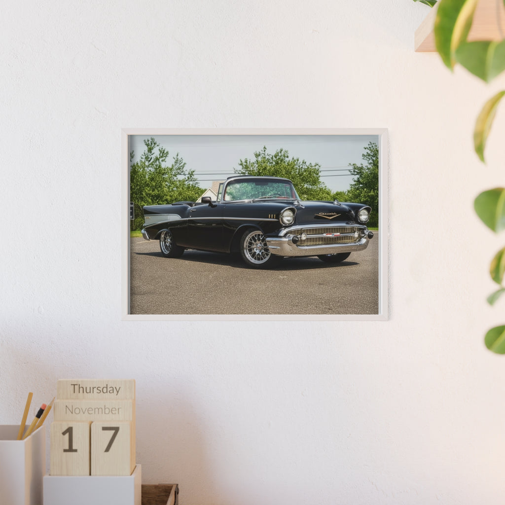 Classic Black 1957 Chevy Poster with Wooden Frame — Vintage Car Wall Art