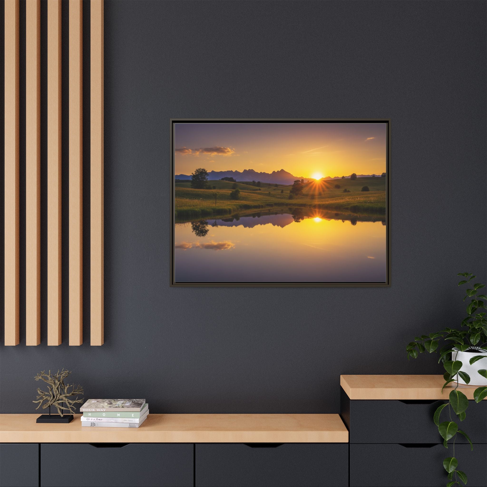 Framed Matte Canvas Sunset Landscape — Serene Lake Reflection Wall Art