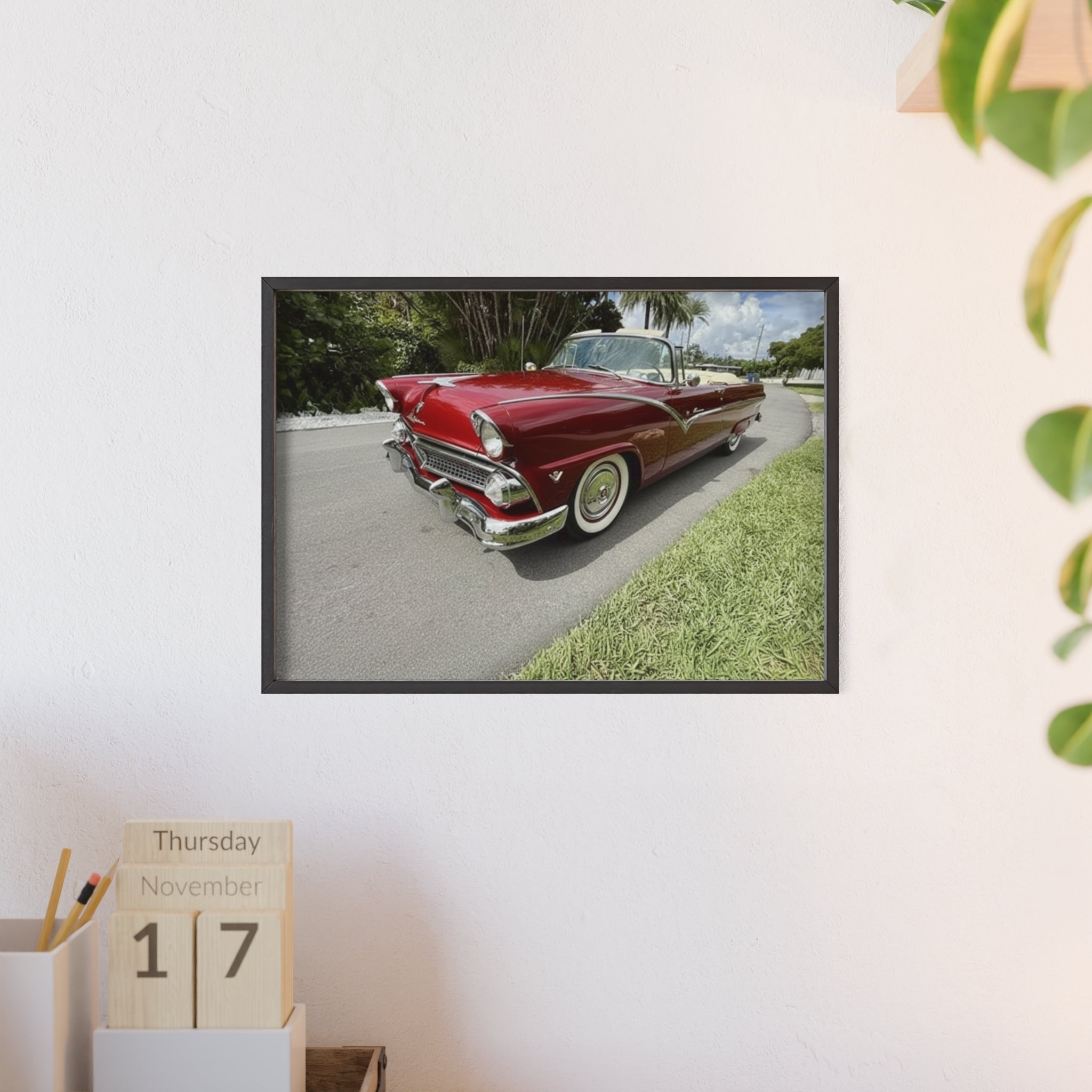 Vintage Red Convertible Poster with Wooden Frame — Classic Car Wall Art
