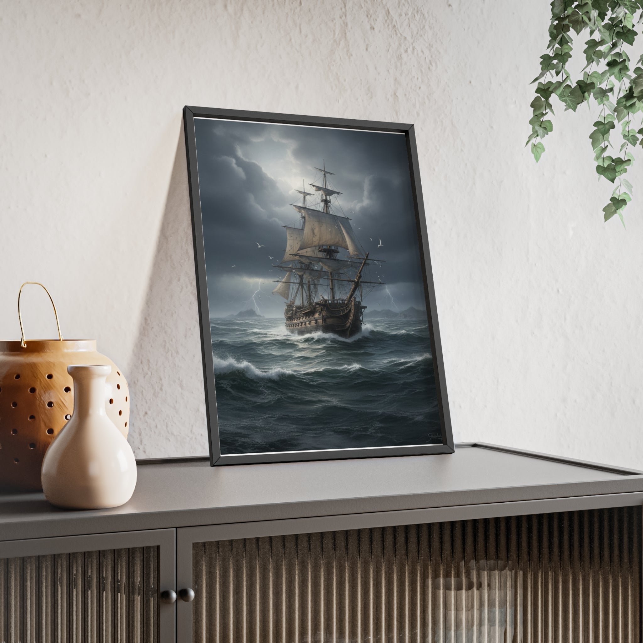 Framed Stormy Sea Ship Poster — Nautical Wall Art with Wooden Frame