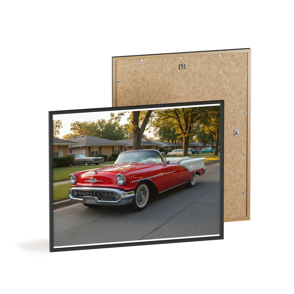Vintage Red Convertible Poster with Wooden Frame — Classic Car Wall Art