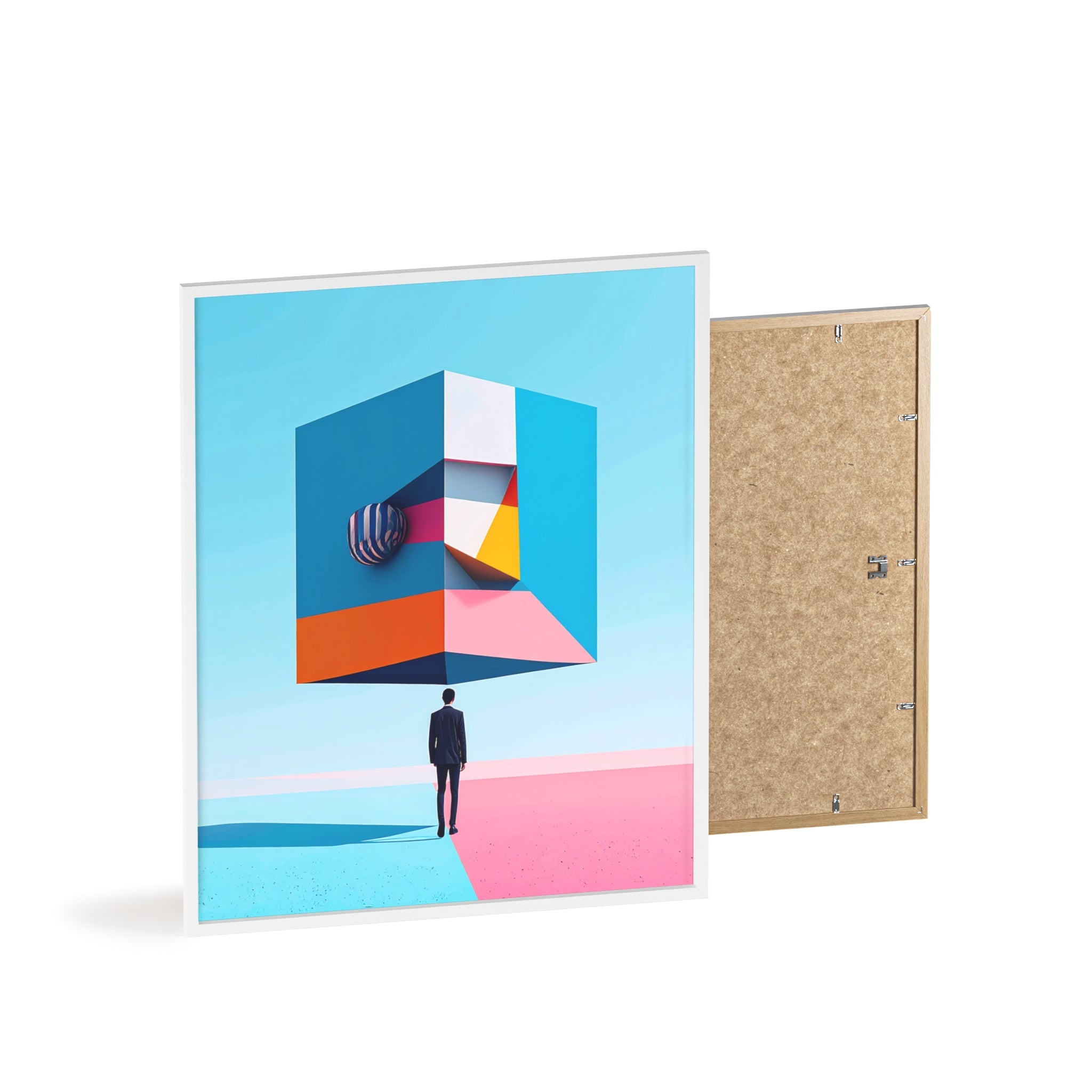 Surreal Geometric Art Poster with Wooden Frame — Modern Minimal Wall Decor