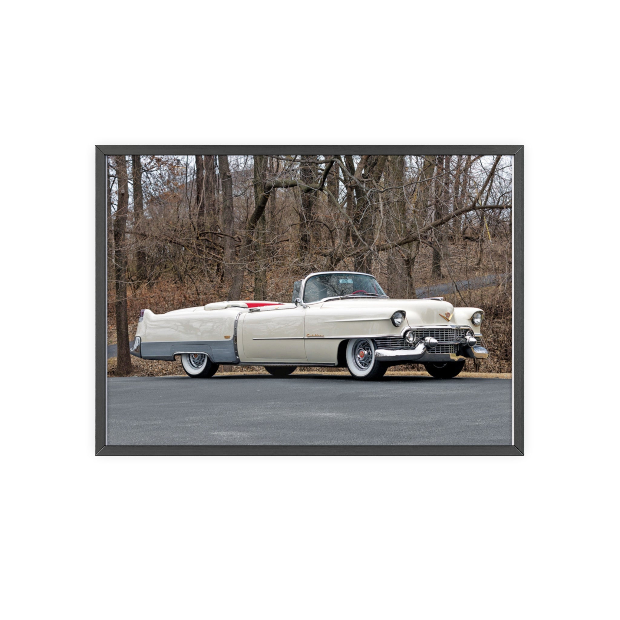 Vintage 1950s White Cadillac Poster with Wooden Frame - Classic Car Wall Art