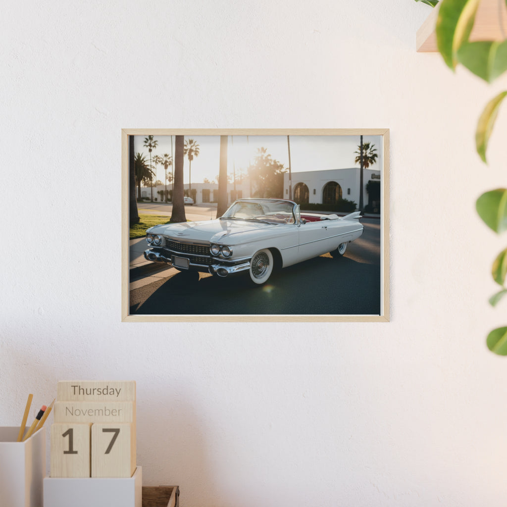 Vintage Cadillac Convertible Poster with Wooden Frame — Retro Palm Trees Sunset Wall Art