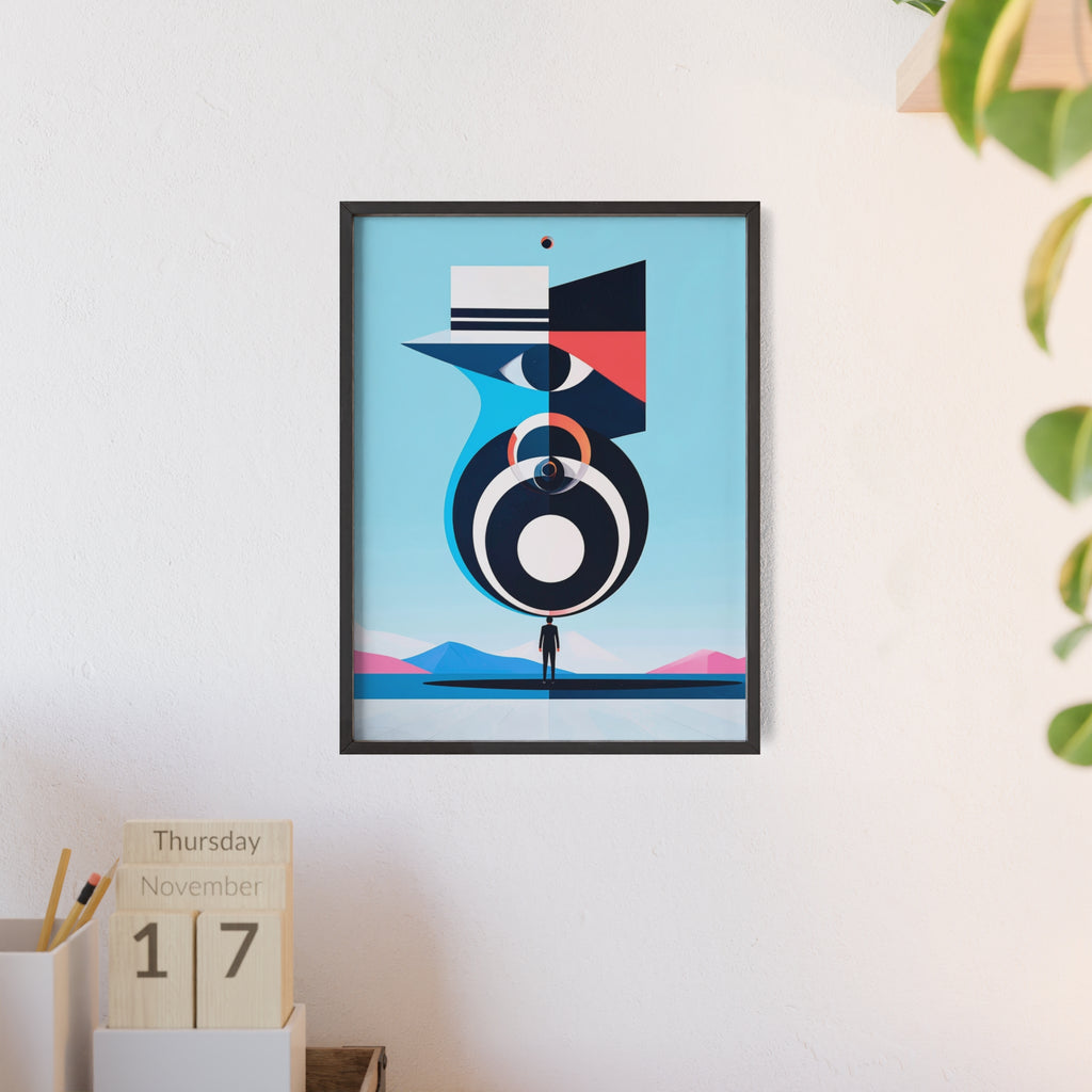 Abstract Geometric Bird Poster with Wooden Frame — Modern Minimalist Wall Art