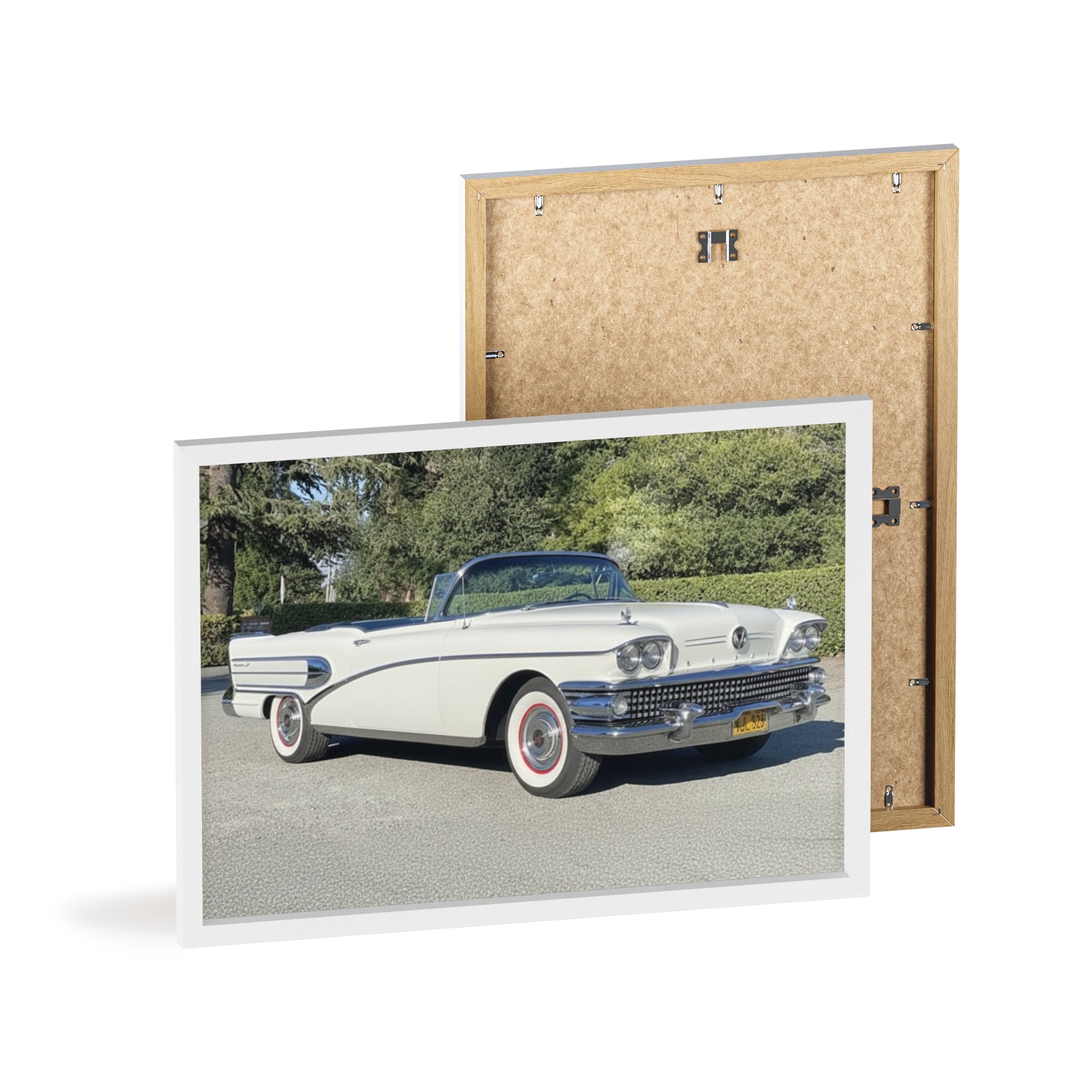 Classic White Convertible Car Poster with Wooden Frame — Vintage Auto Wall Art