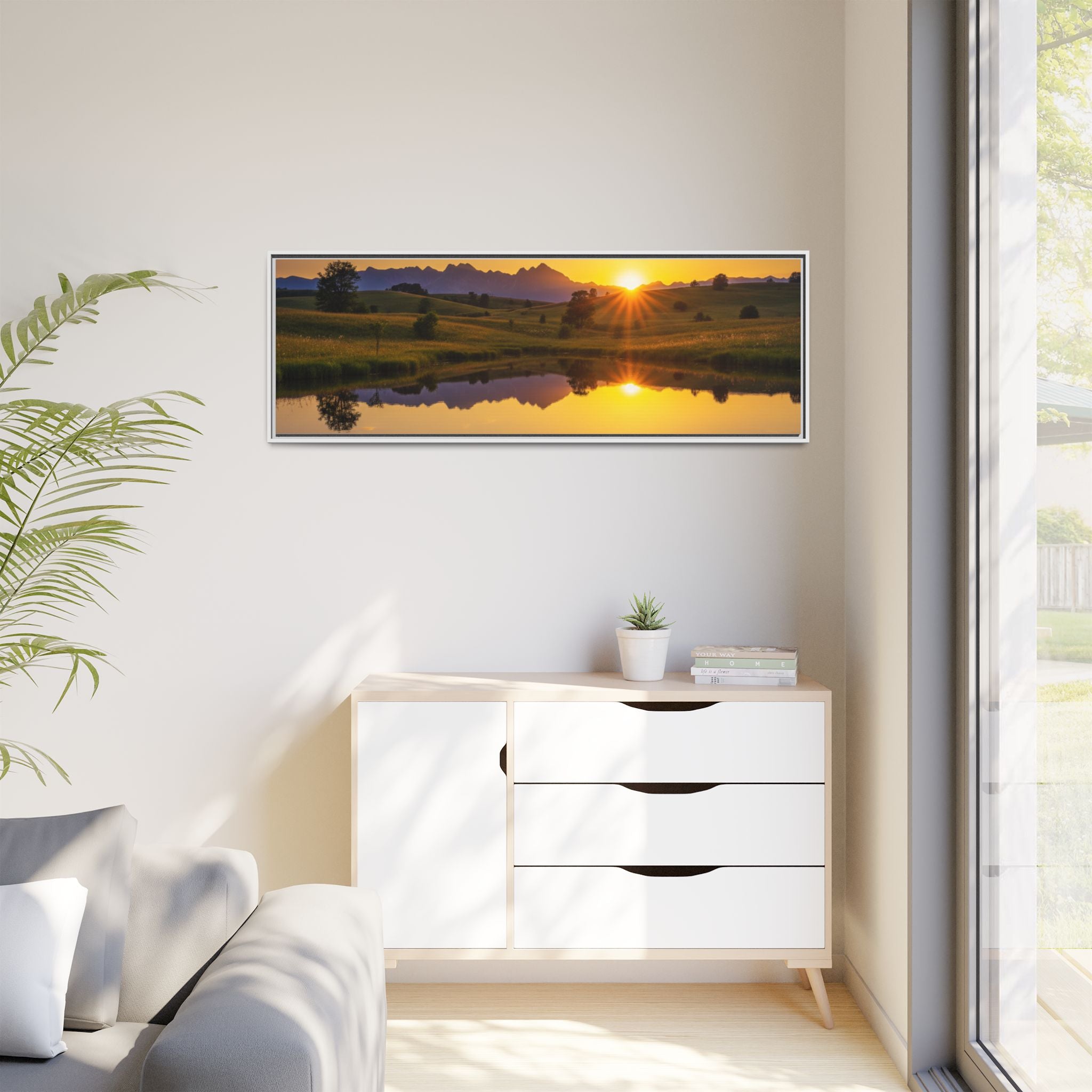 Framed Matte Canvas Sunset Landscape — Serene Lake Reflection Wall Art