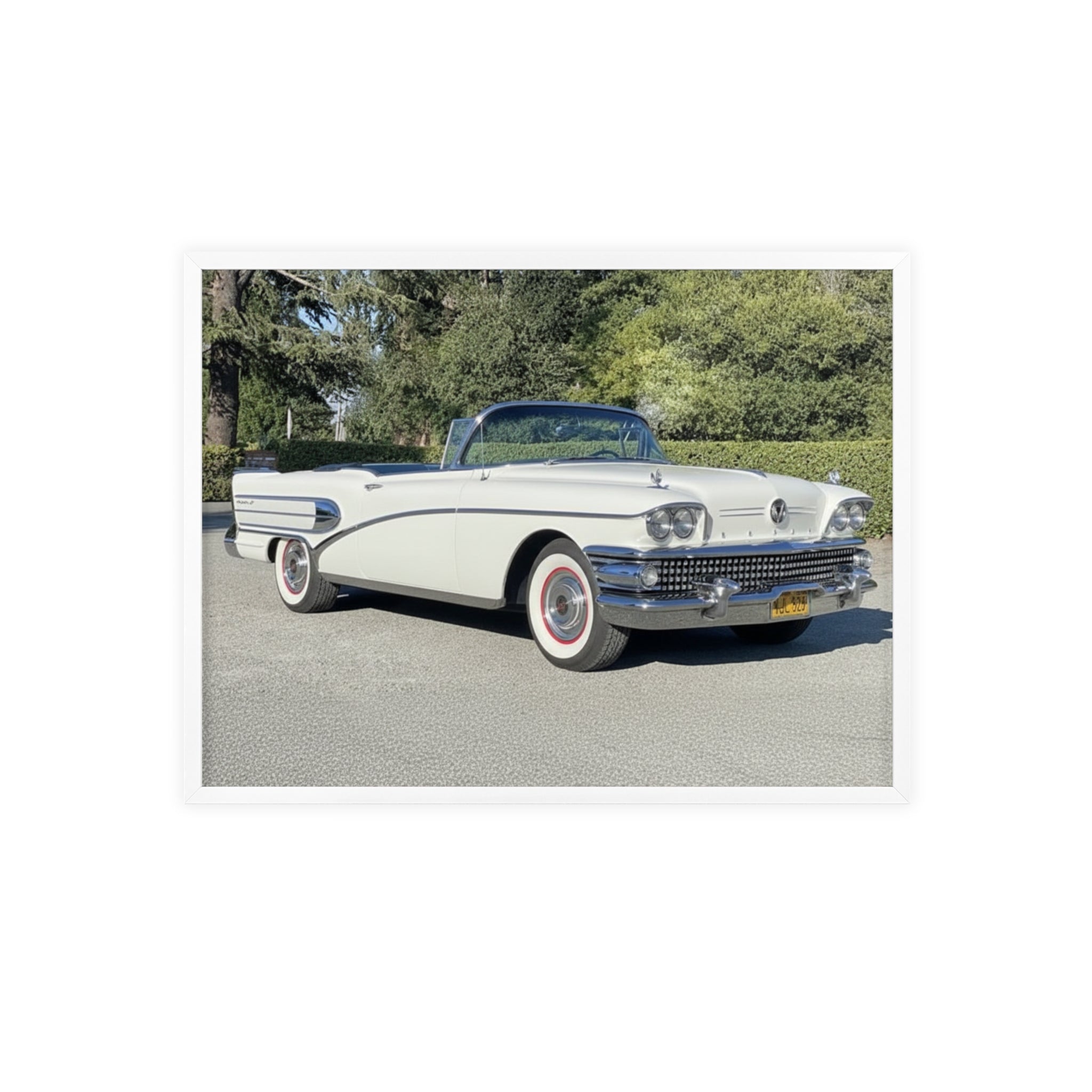 Classic White Convertible Car Poster with Wooden Frame — Vintage Auto Wall Art