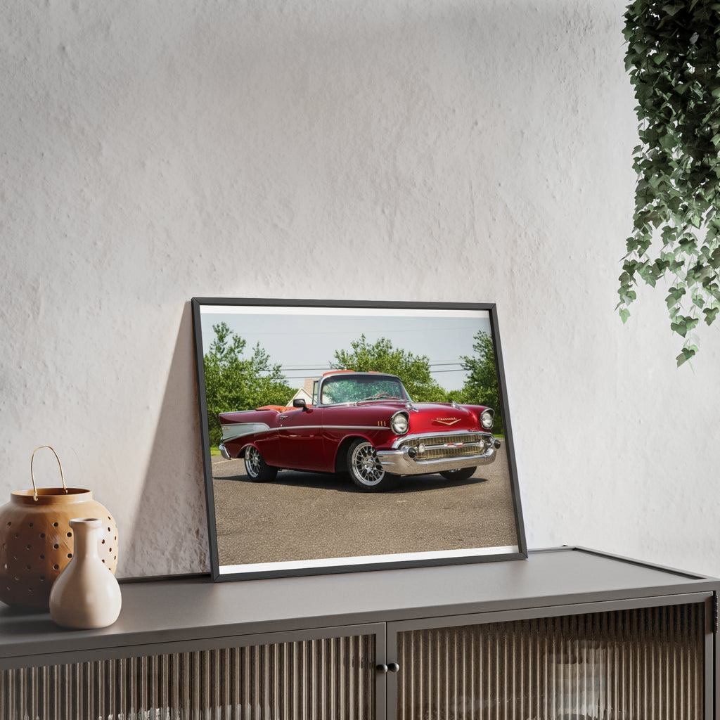 Vintage Red Classic Car Poster with Wooden Frame — Retro Automotive Wall Art