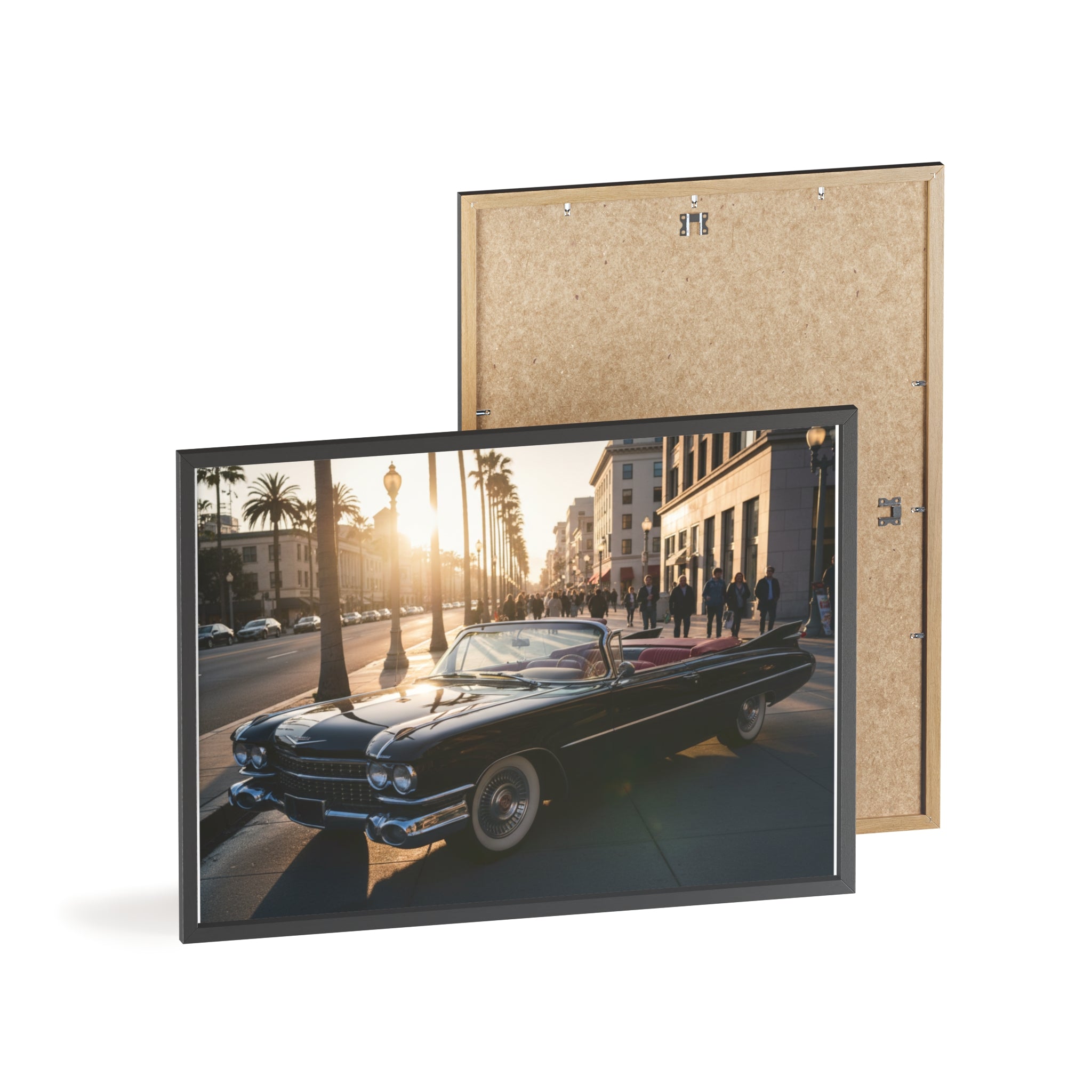 Vintage Convertible Sunset Poster with Wooden Frame