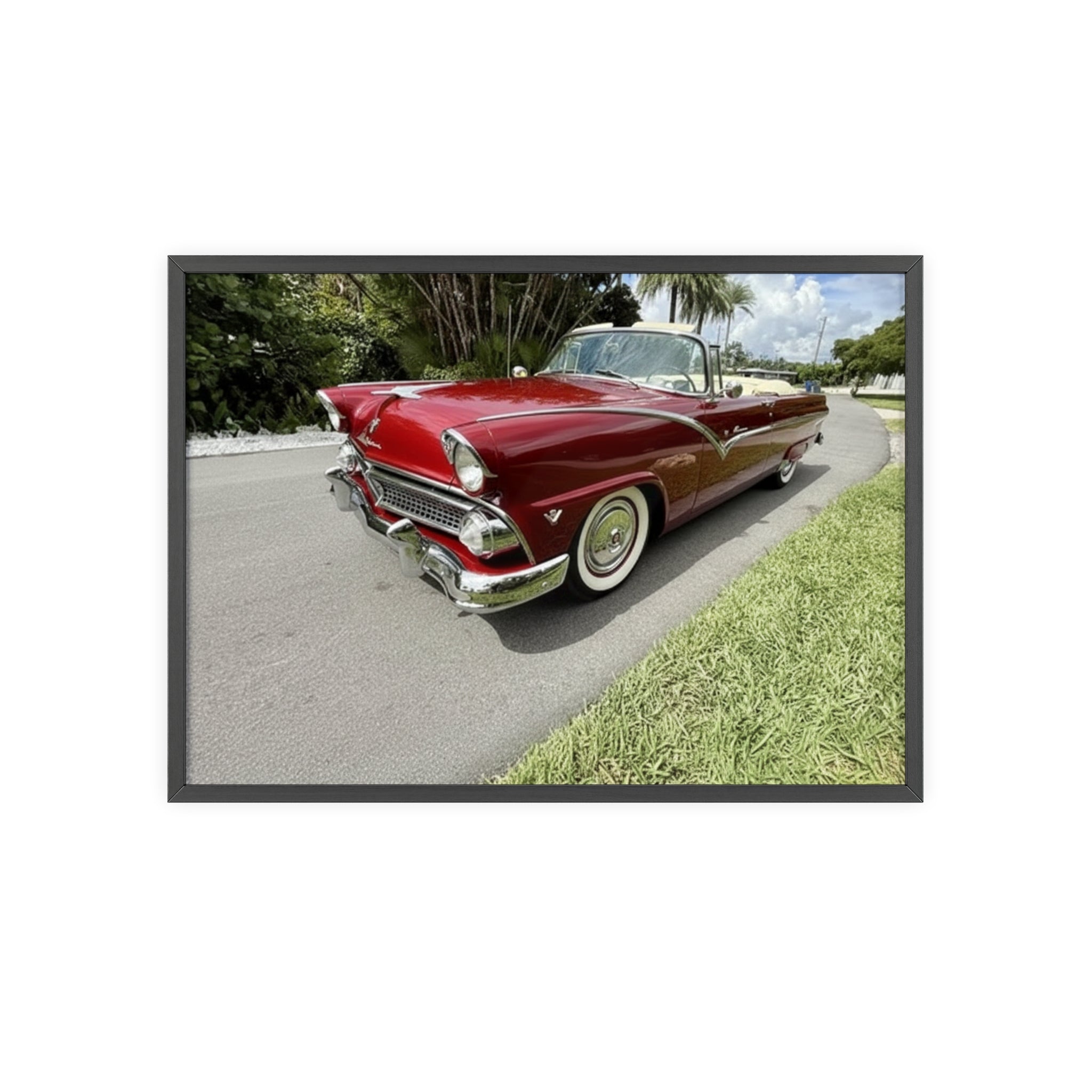Vintage Red Convertible Poster with Wooden Frame — Classic Car Wall Art