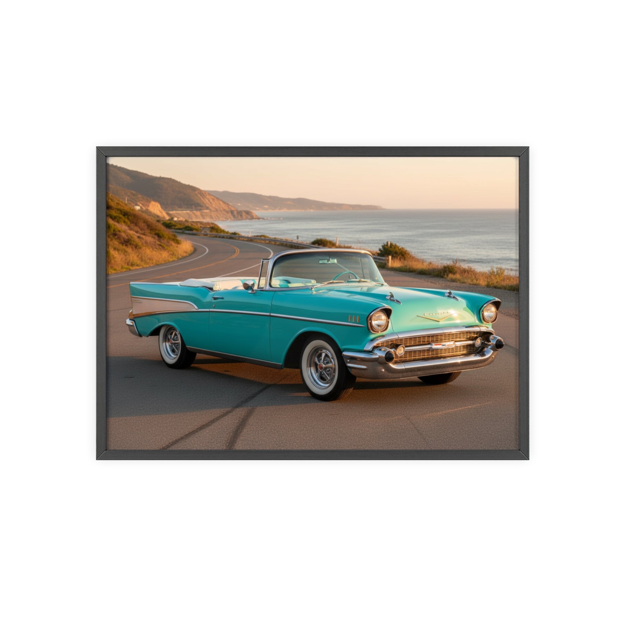 Vintage Teal Classic Car Poster with Wooden Frame — Coastal Road Print