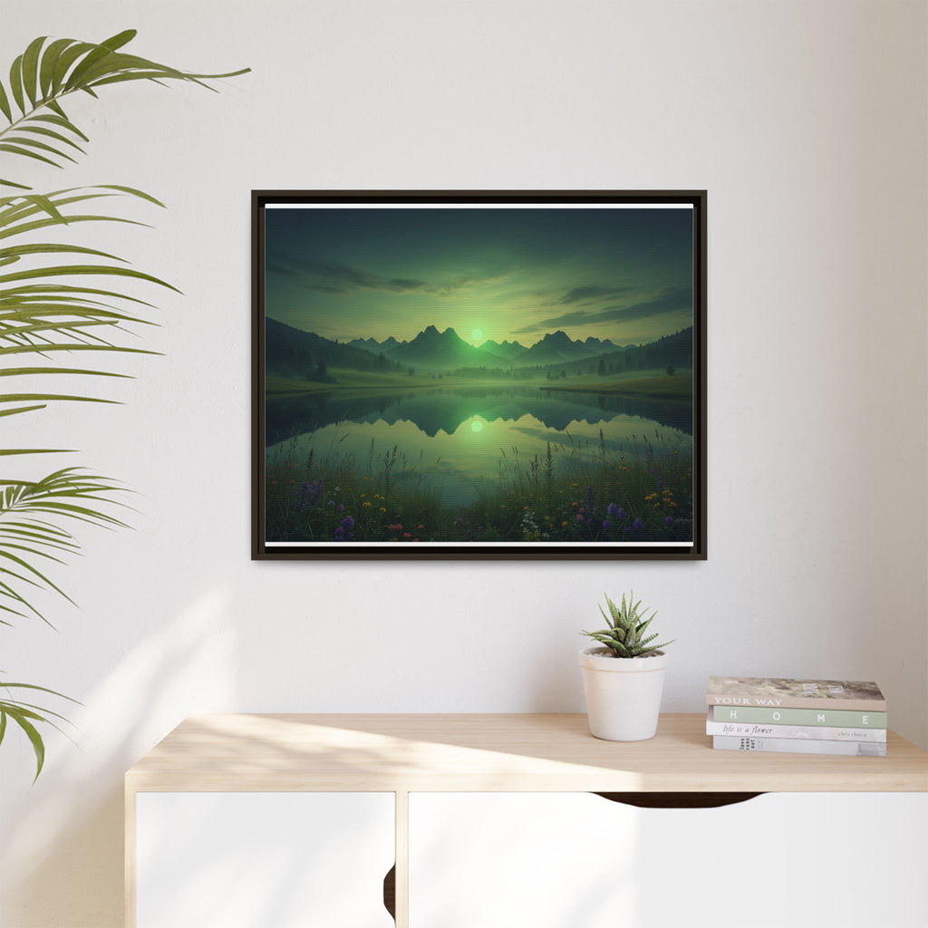 Framed Matte Canvas Print — Serene Green Mountain Lake Landscape