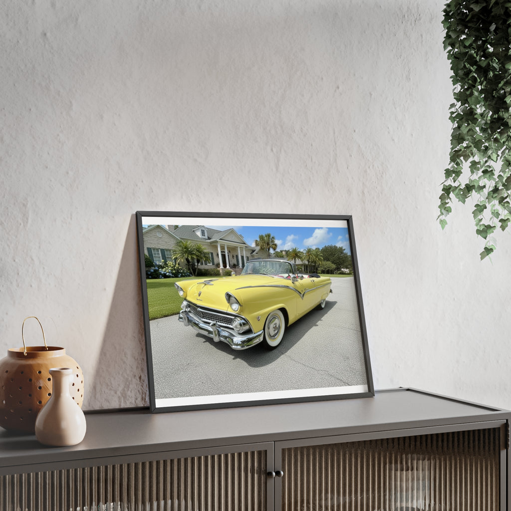 Vintage Yellow Classic Car Poster — Framed Wooden Wall Art