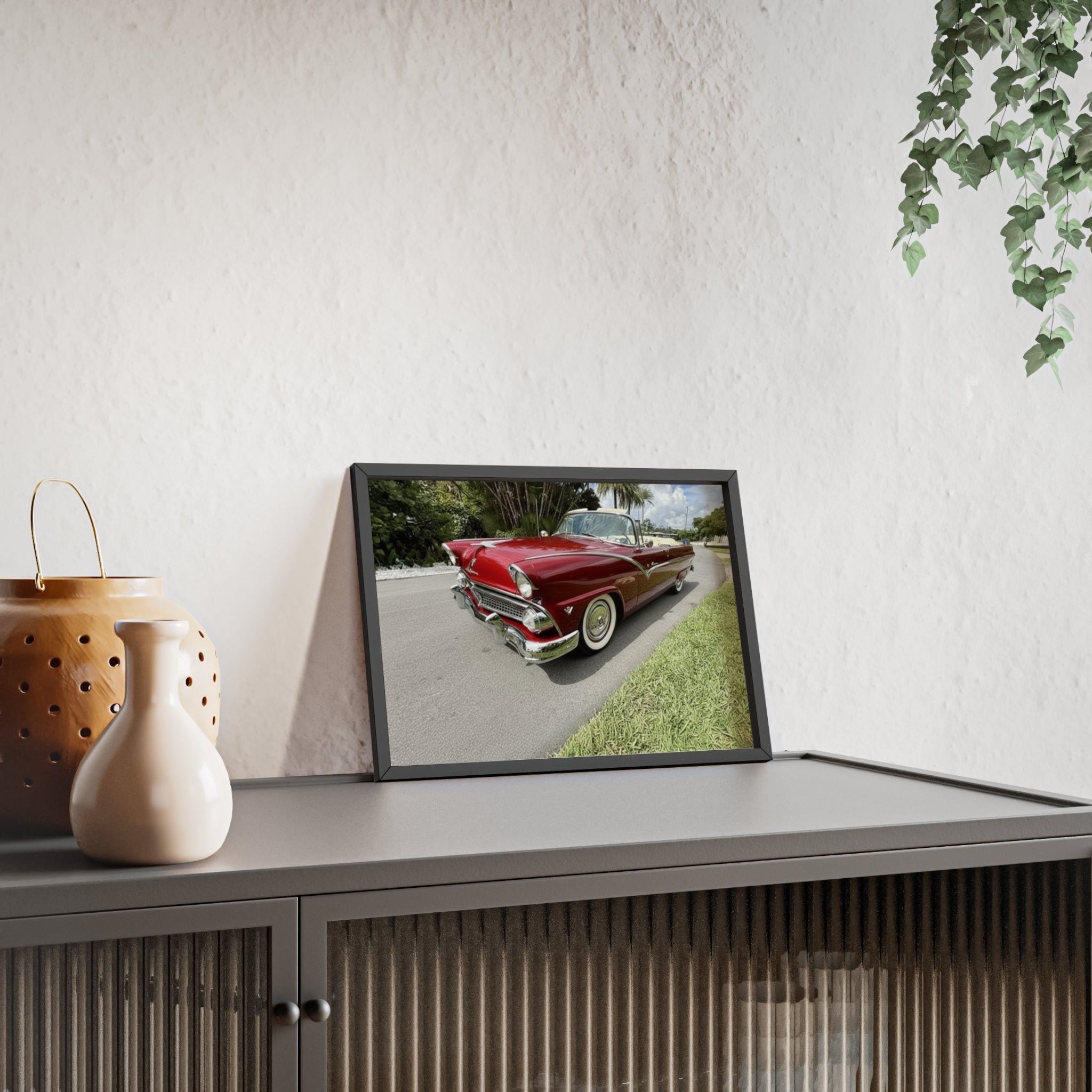 Vintage Red Convertible Poster with Wooden Frame — Classic Car Wall Art