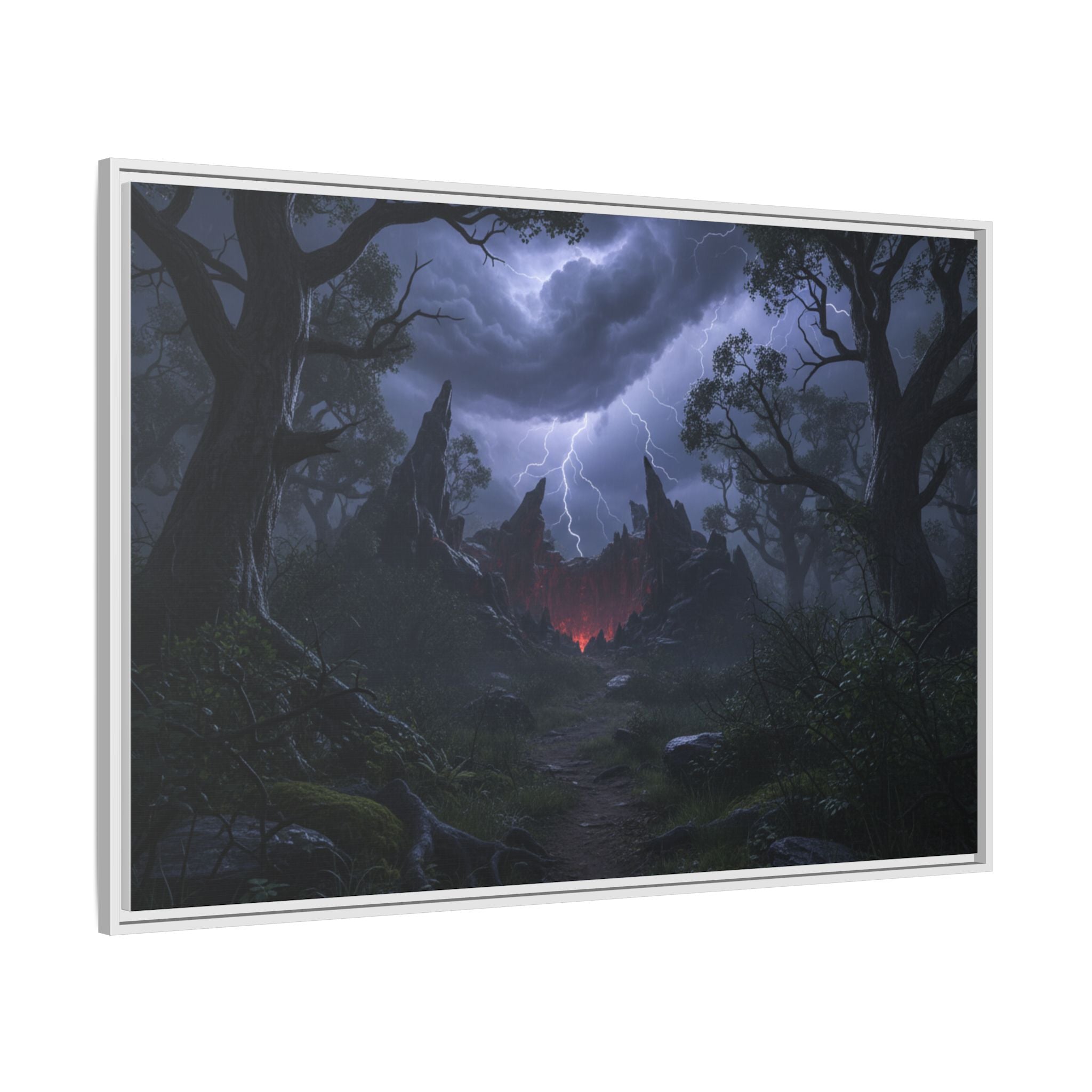 Dark Storm Forest Framed Canvas Print — Lightning, Haunted Castle Art