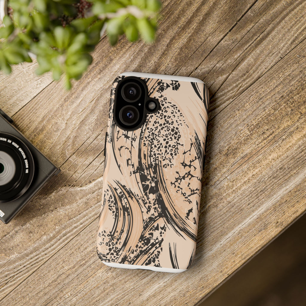 Abstract Brushstroke Phone Case — Neutral Beige & Black Artistic Protective Cover