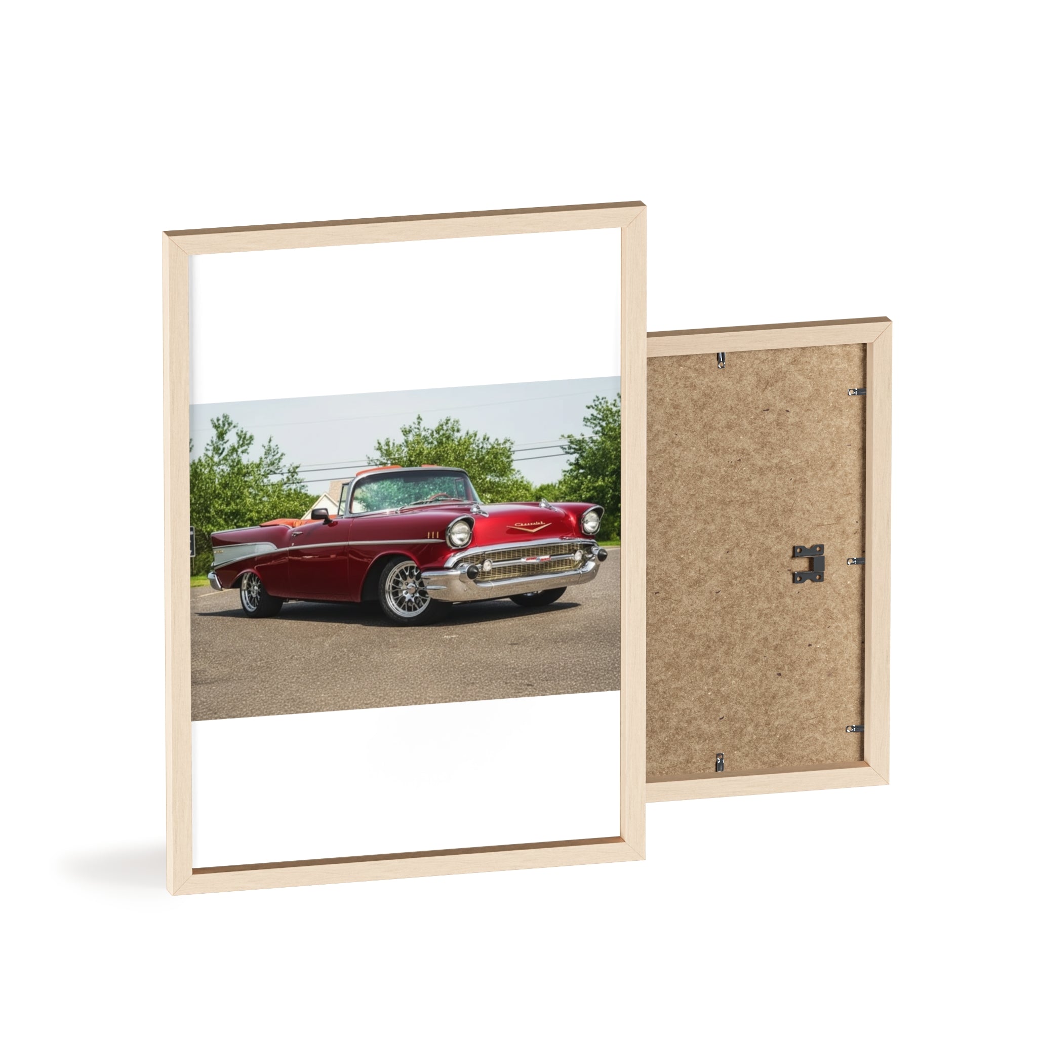 Classic Red Chevy Poster with Wooden Frame — Vintage Car Wall Art for Garage, Man Cave, Auto Enthusiasts