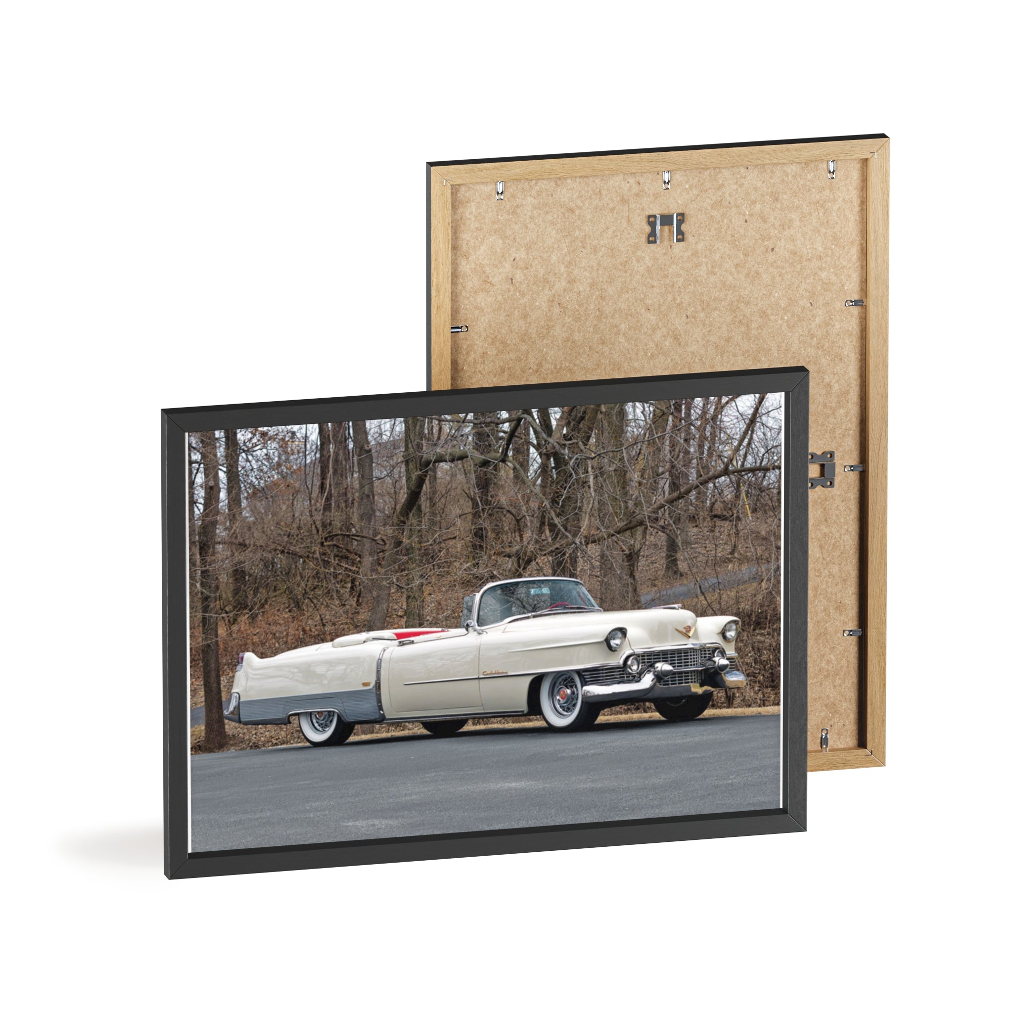 Vintage 1950s White Cadillac Poster with Wooden Frame - Classic Car Wall Art