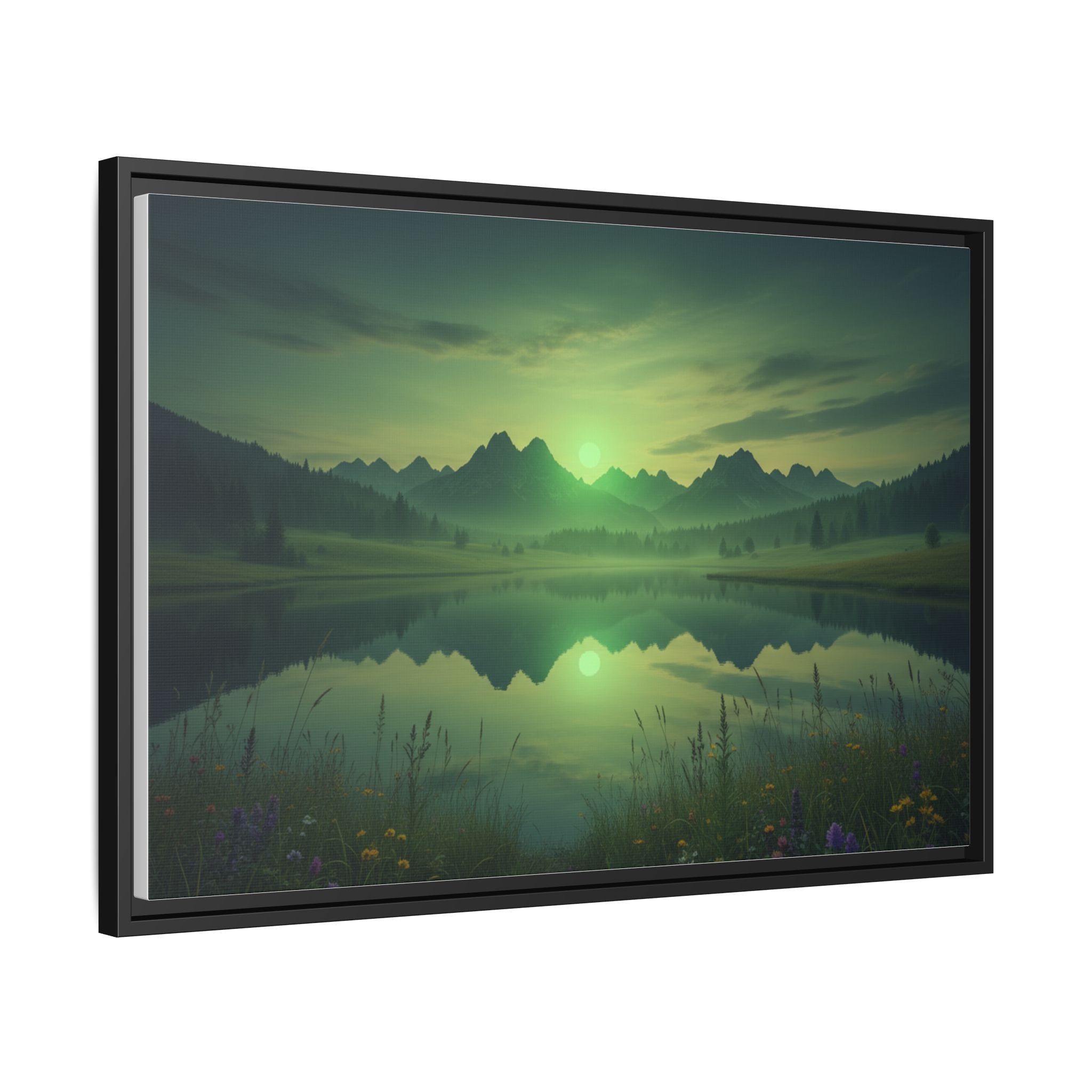 Framed Matte Canvas Print — Serene Green Mountain Lake Landscape