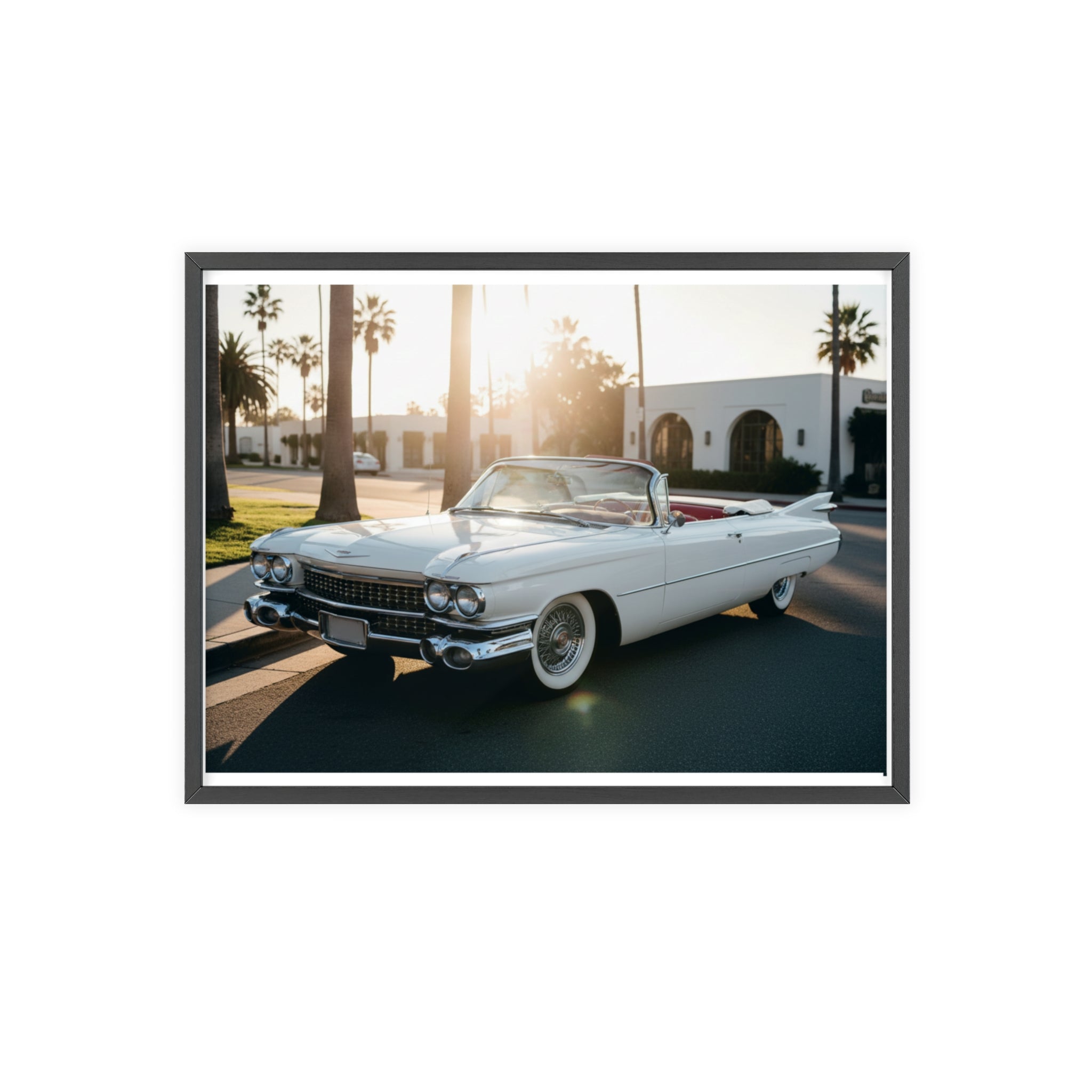 Vintage Cadillac Convertible Poster with Wooden Frame — Retro Palm Trees Sunset Wall Art