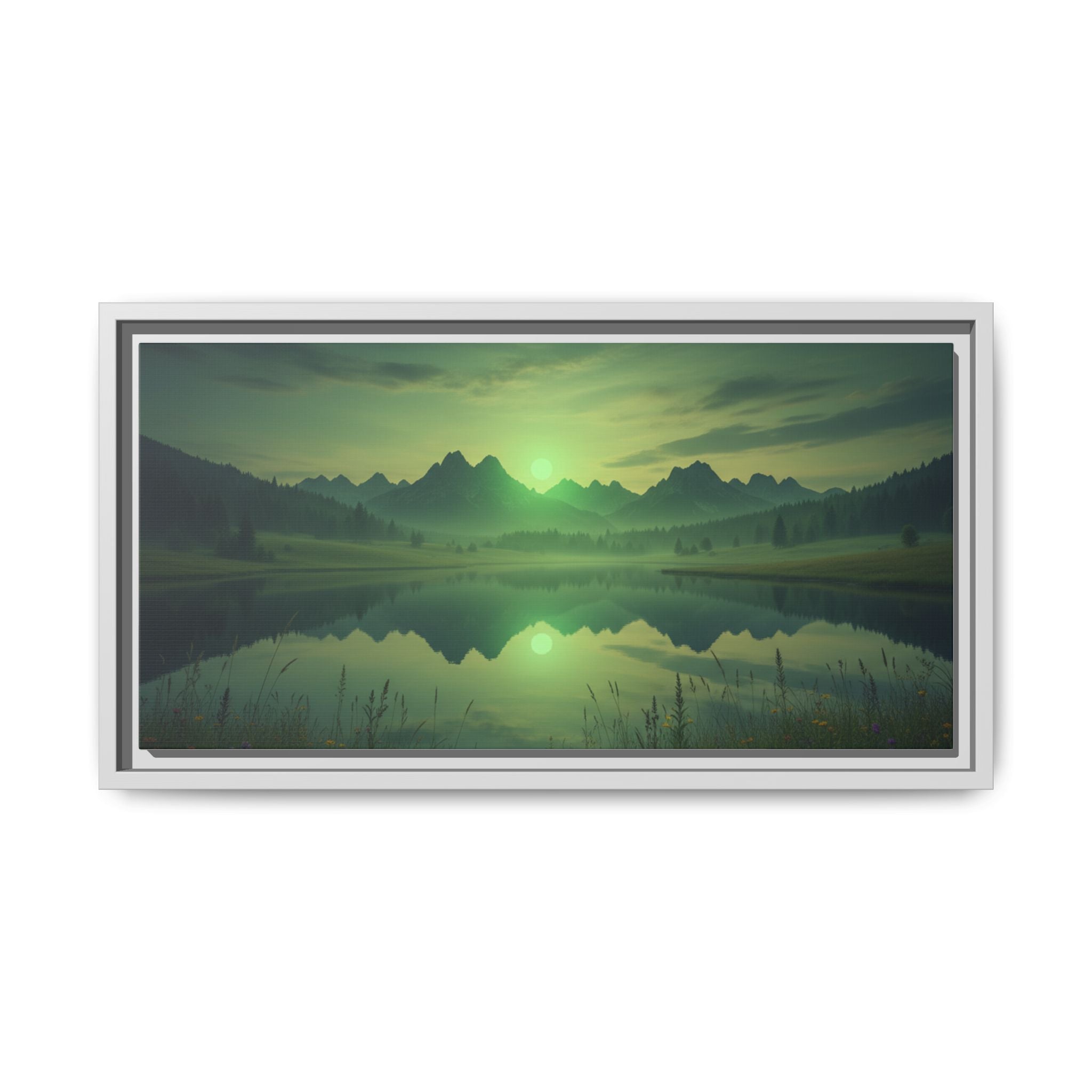 Framed Matte Canvas Print — Serene Green Mountain Lake Landscape