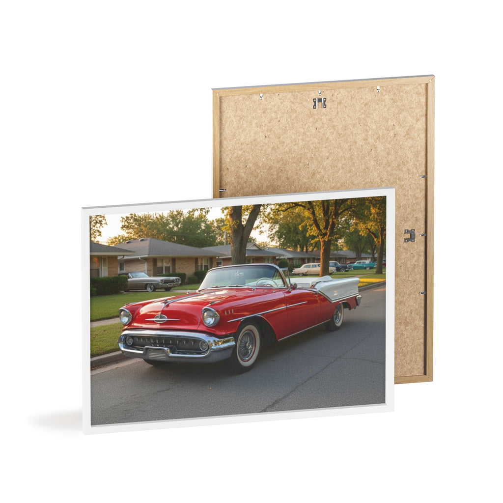 Vintage Red Convertible Poster with Wooden Frame — Classic Car Wall Art