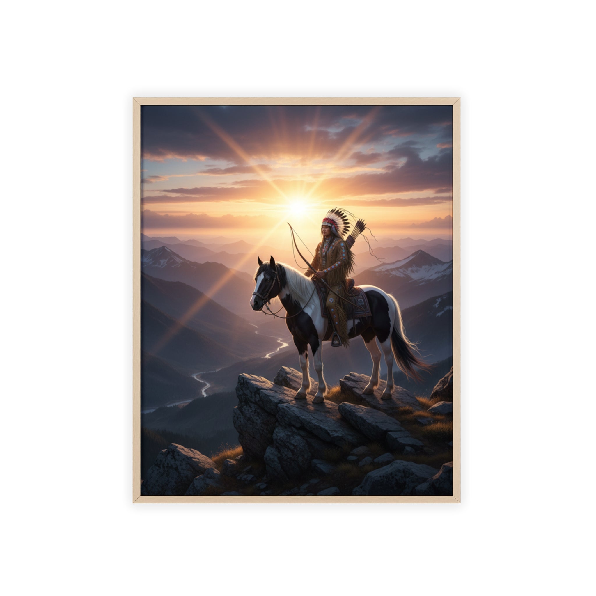 Native American Warrior on Horse Framed Poster — Scenic Sunrise Wall Art