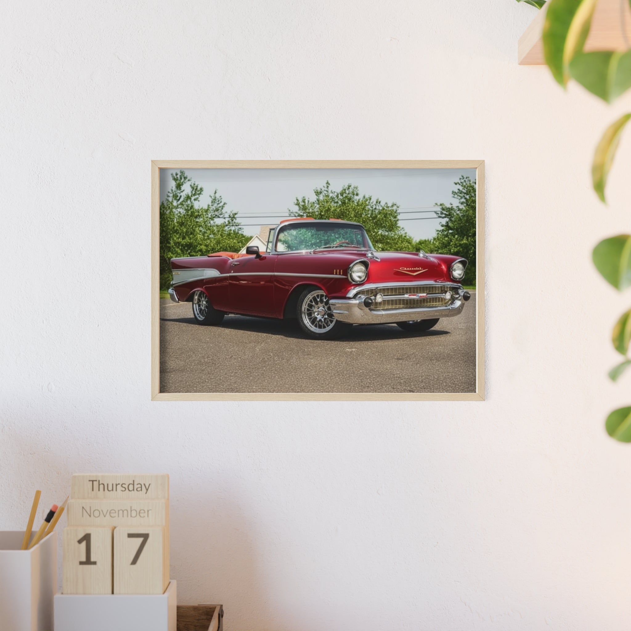 Vintage Red Classic Car Poster with Wooden Frame — Retro Automotive Wall Art