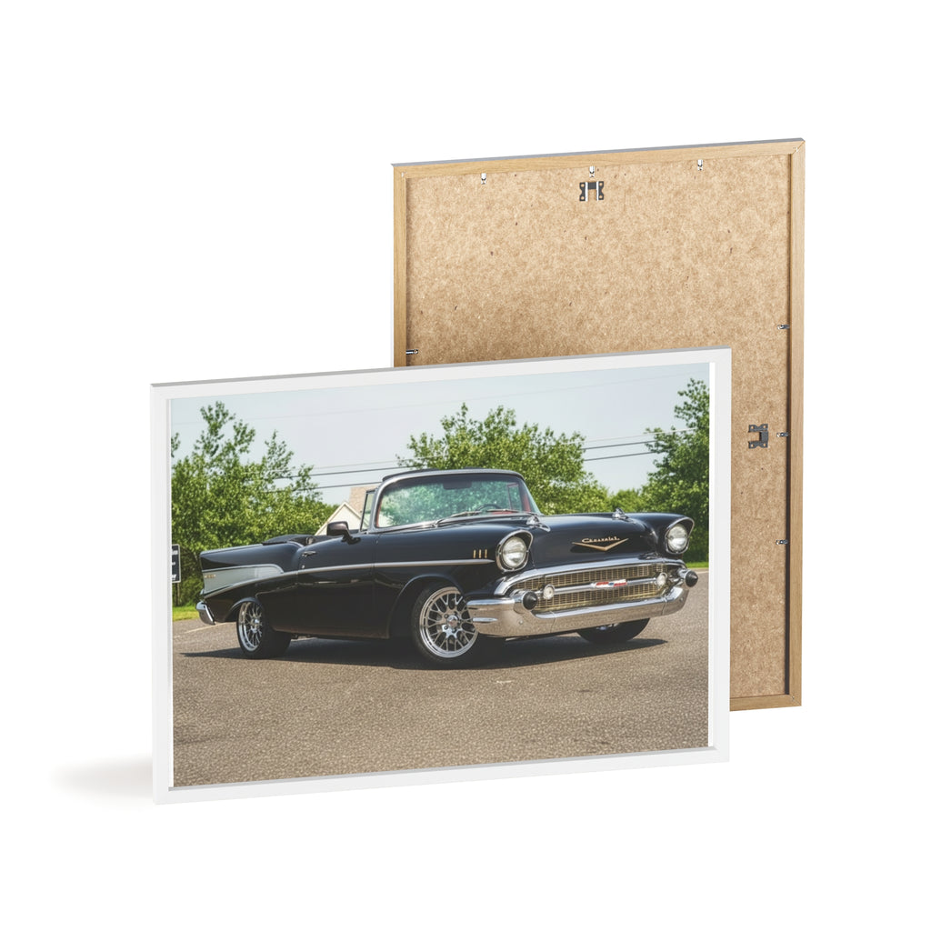 Classic Black 1957 Chevy Poster with Wooden Frame — Vintage Car Wall Art