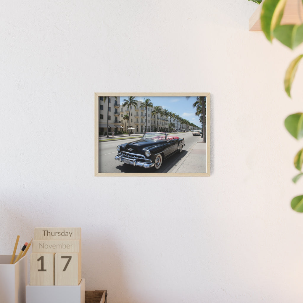 Vintage Convertible on Ocean Drive Framed Poster – Retro Classic Car Wall Art