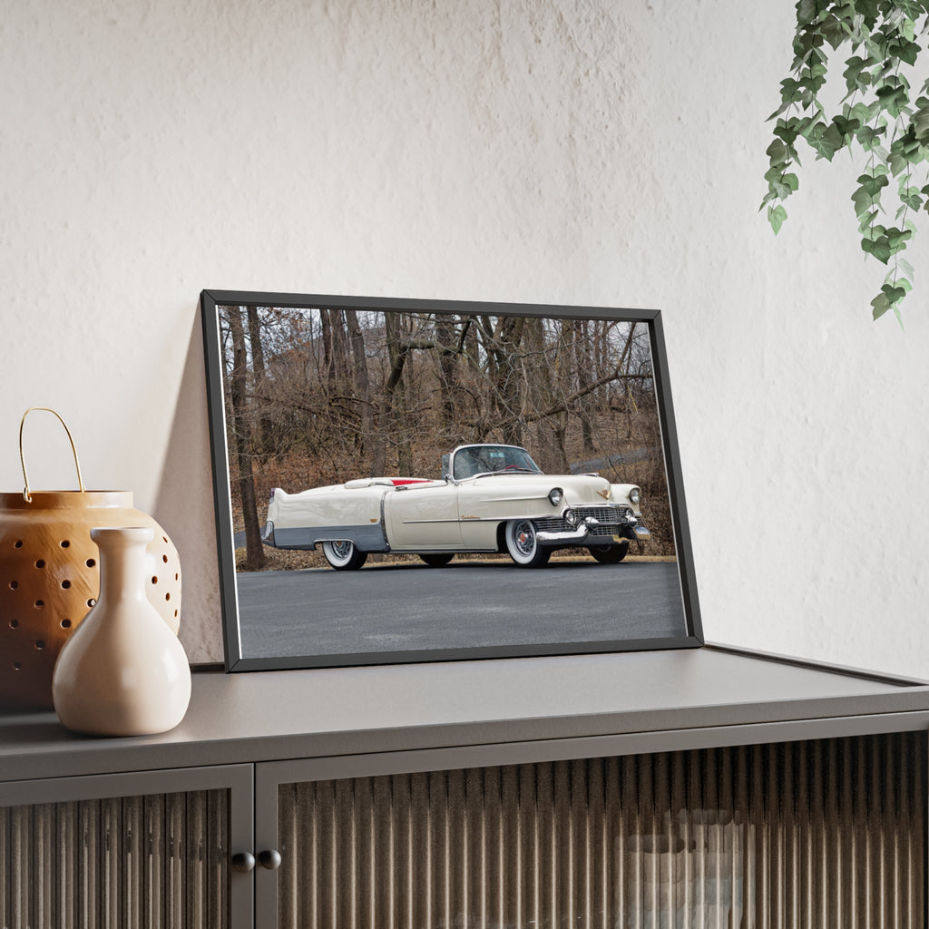 Vintage 1950s White Cadillac Poster with Wooden Frame - Classic Car Wall Art
