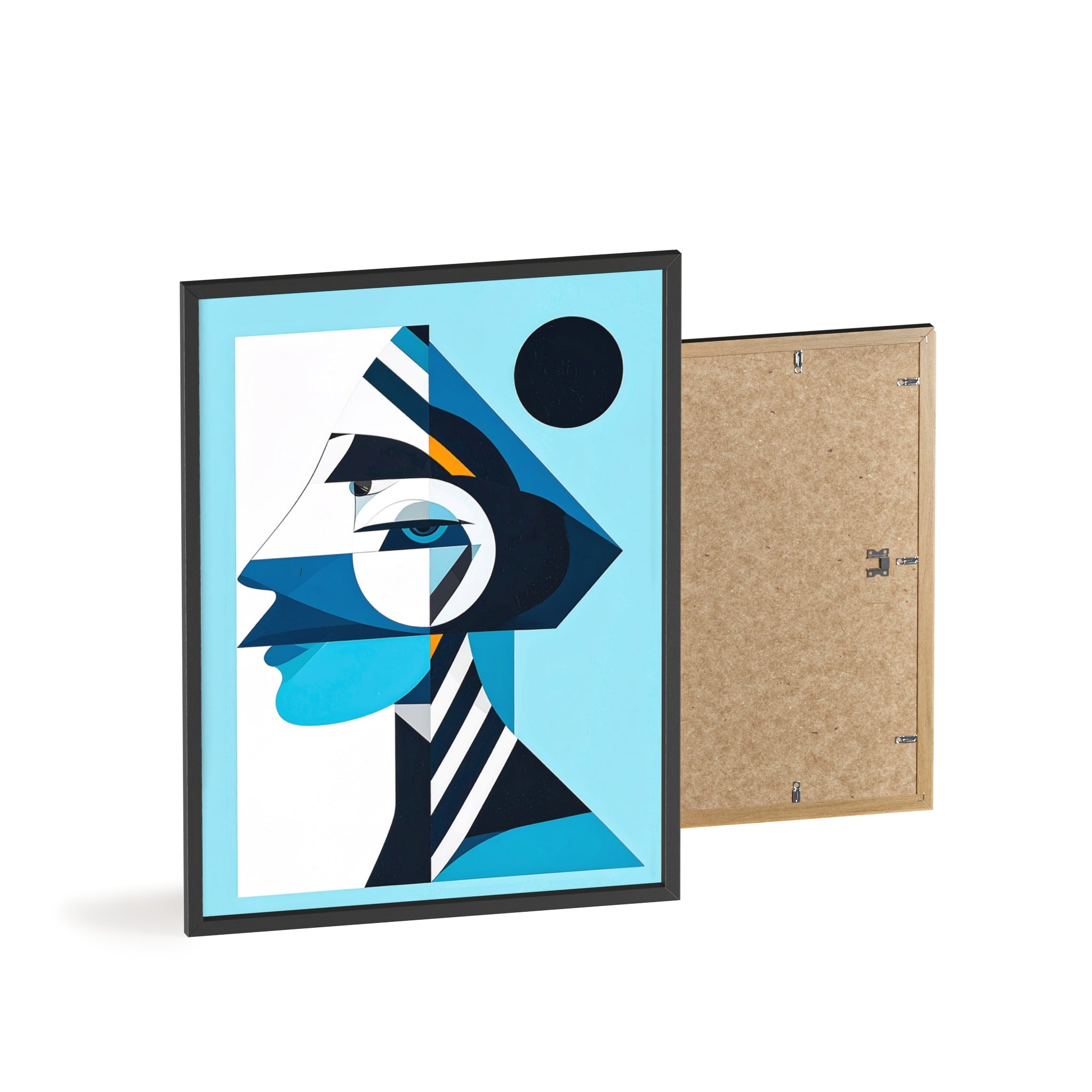 Abstract Geometric Portrait Poster with Wooden Frame — Blue Modern Wall Art