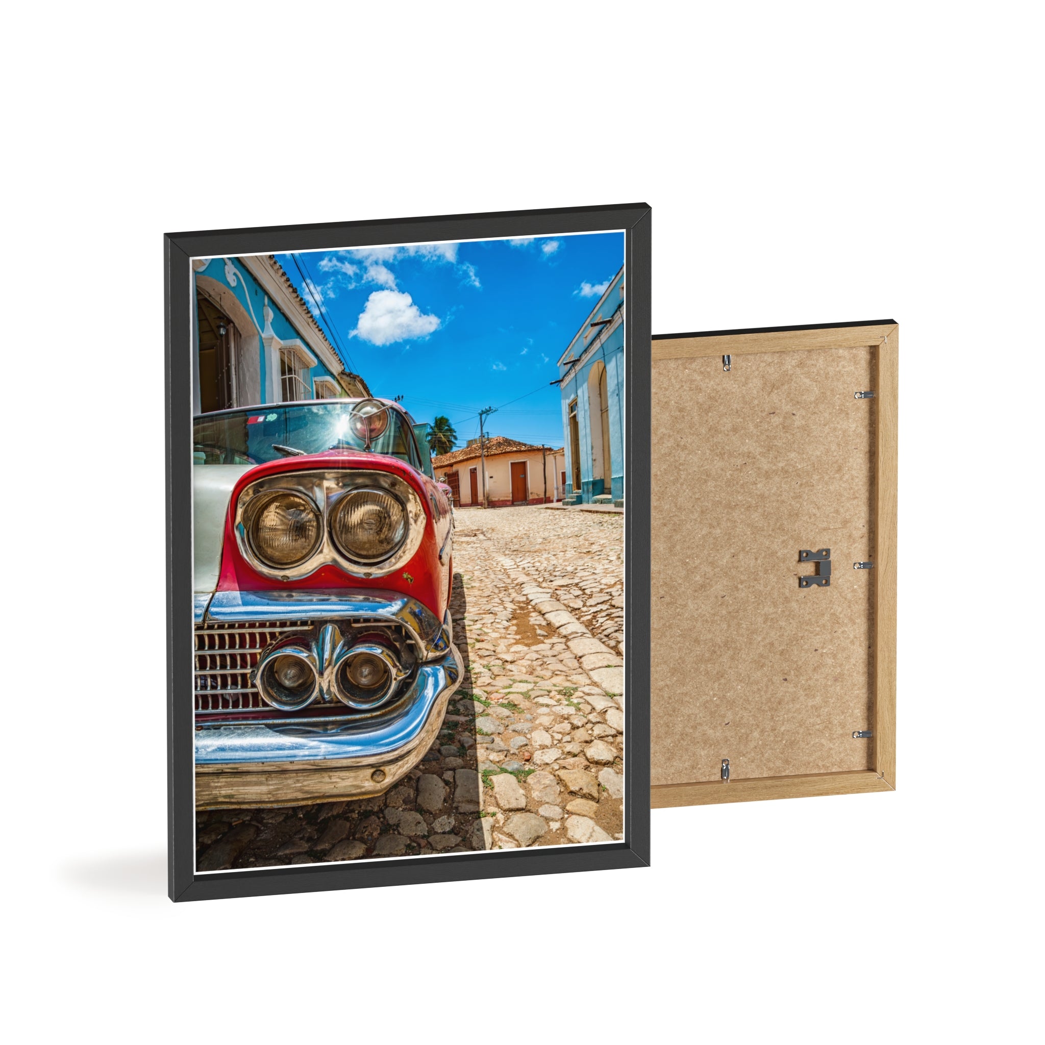 Vintage Classic Car Poster with Wooden Frame — Retro Cuba Street Photography Wall Art