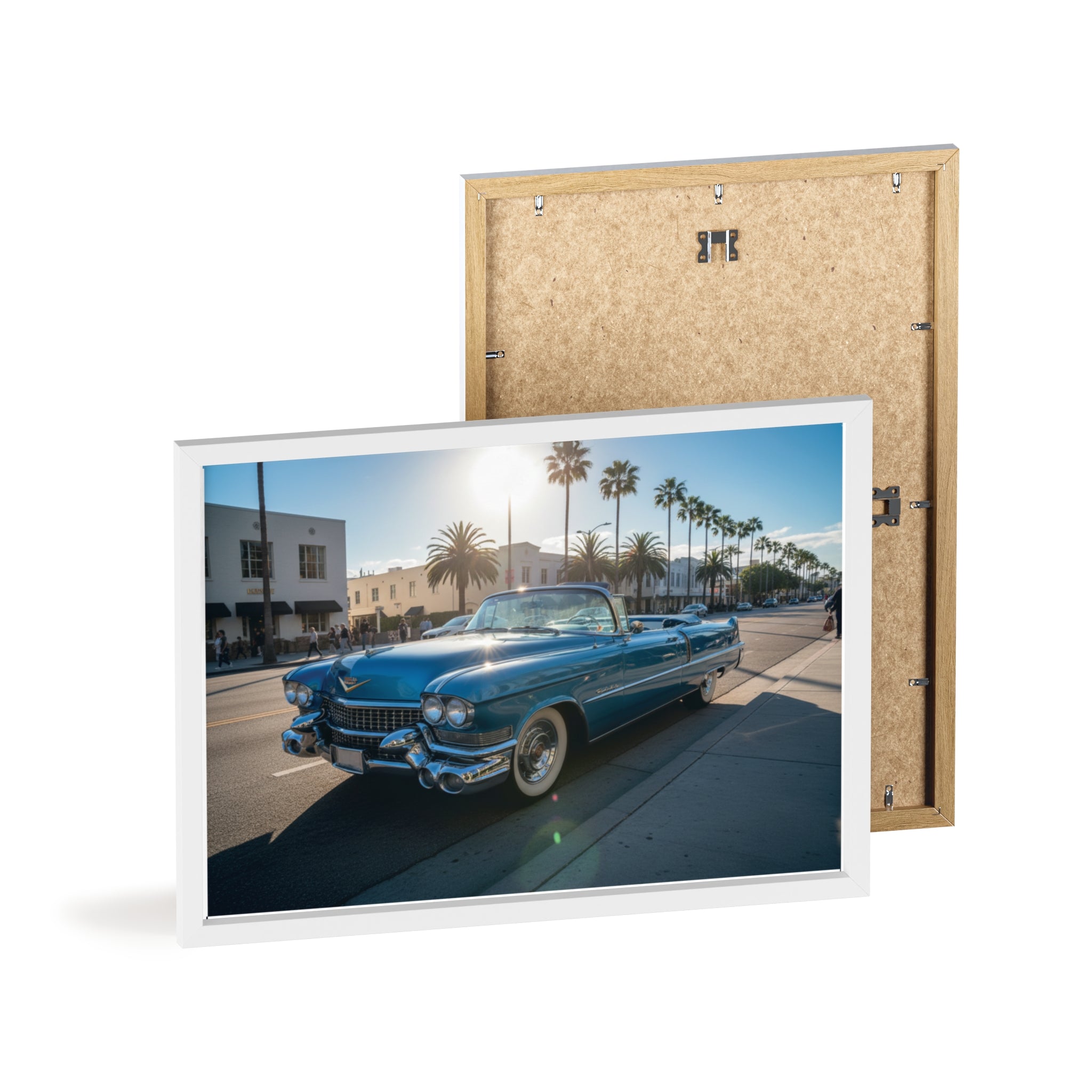 Framed Vintage Cadillac Poster – Retro Palm-Tree Coastal Car Wall Art