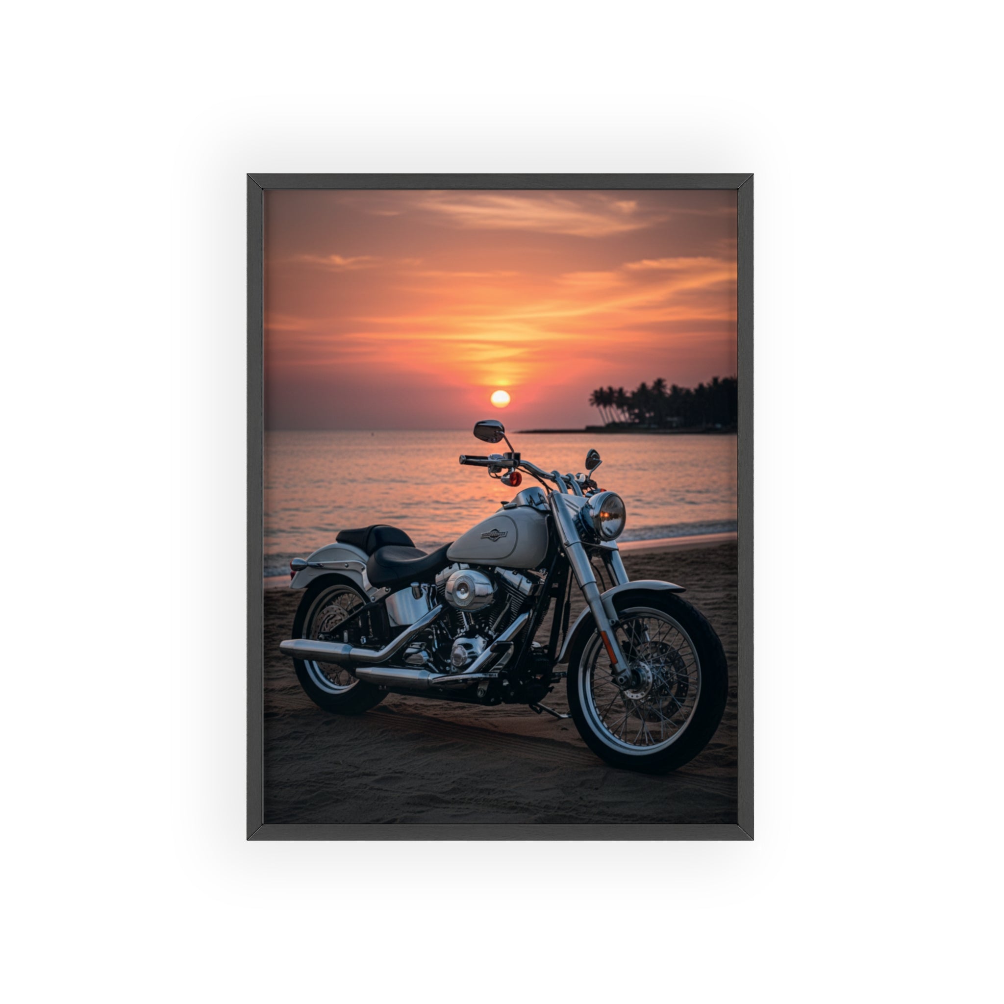 Sunset Beach Motorcycle Poster with Wooden Frame — Vintage Cruiser Wall Art