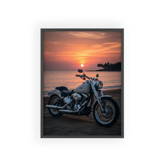 Sunset Beach Motorcycle Poster with Wooden Frame — Vintage Cruiser Wall Art