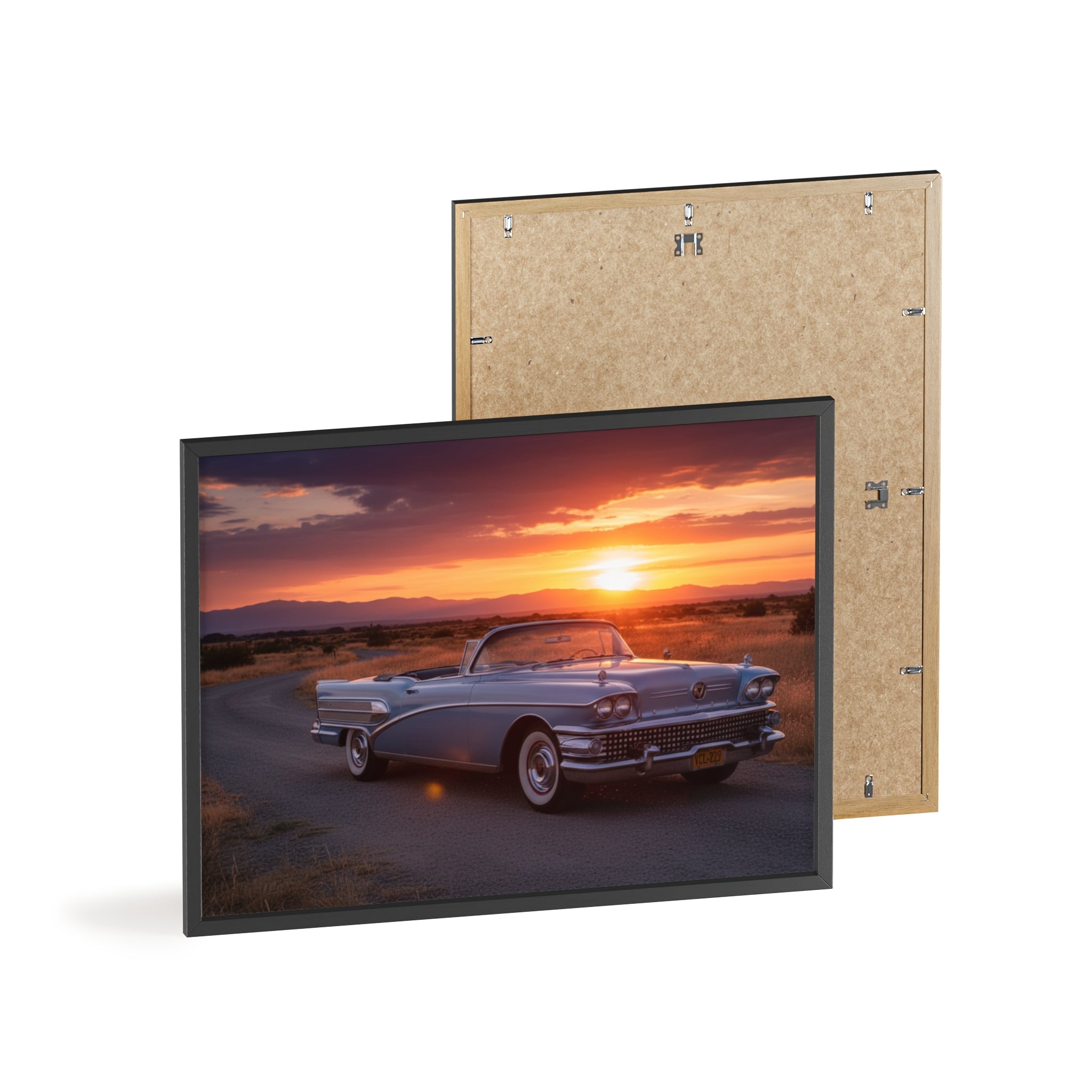 Vintage Convertible Sunset Poster with Wooden Frame