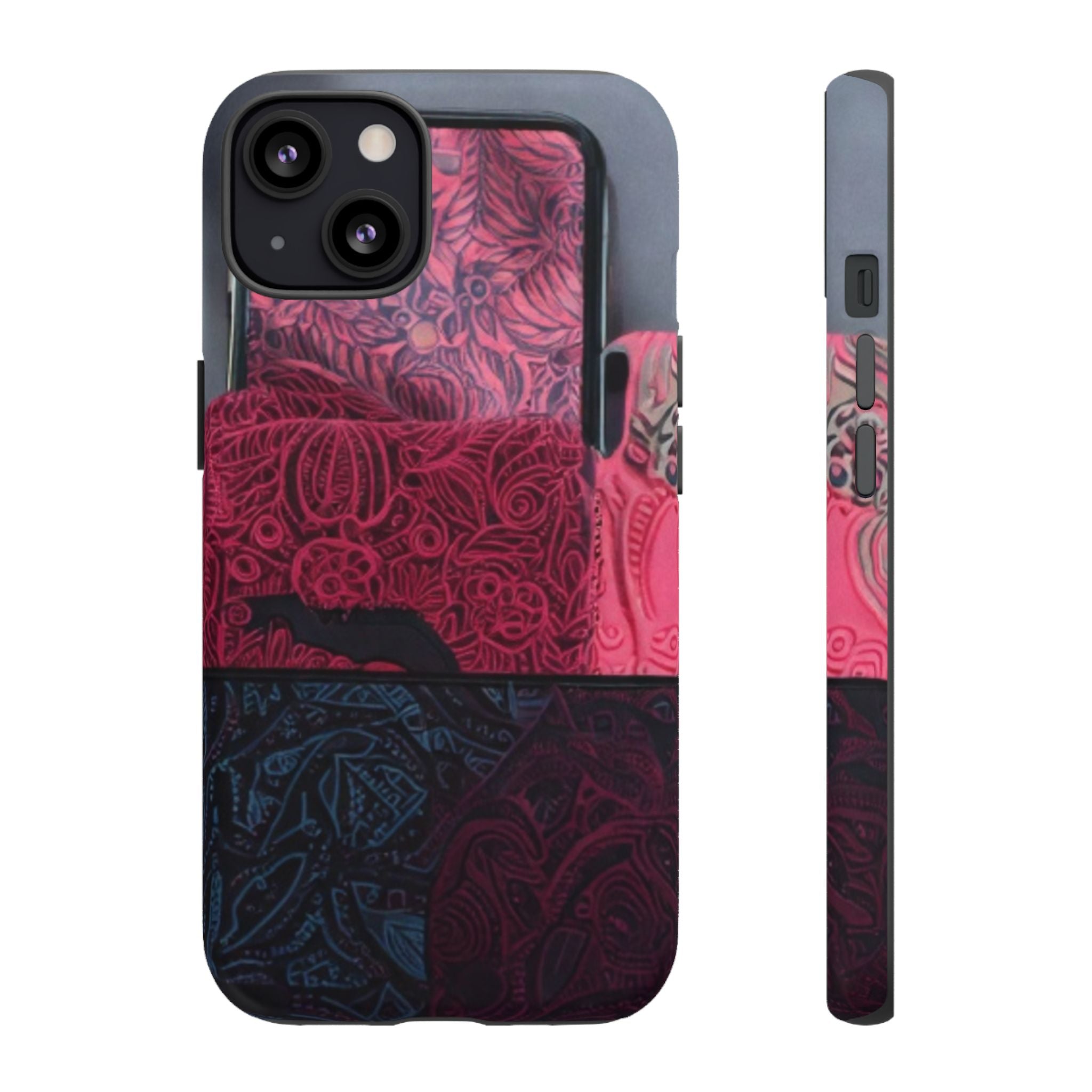 Floral Patchwork Tough Phone Case — Pink & Navy Doodle Design