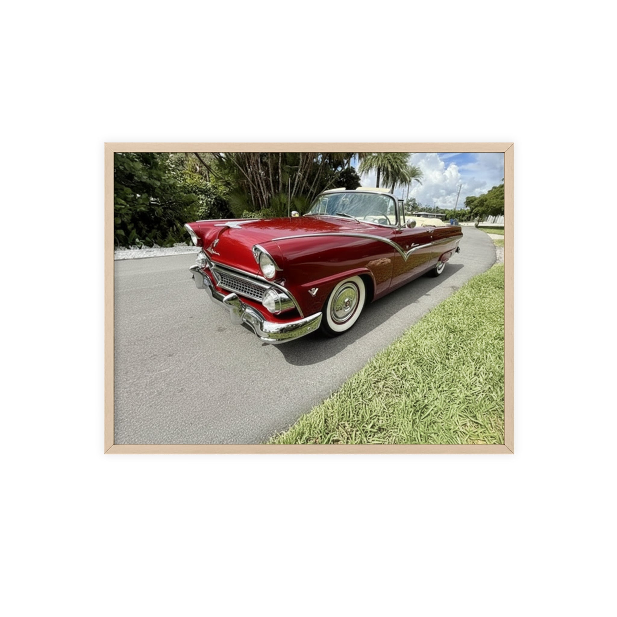 Vintage Red Convertible Poster with Wooden Frame — Classic Car Wall Art