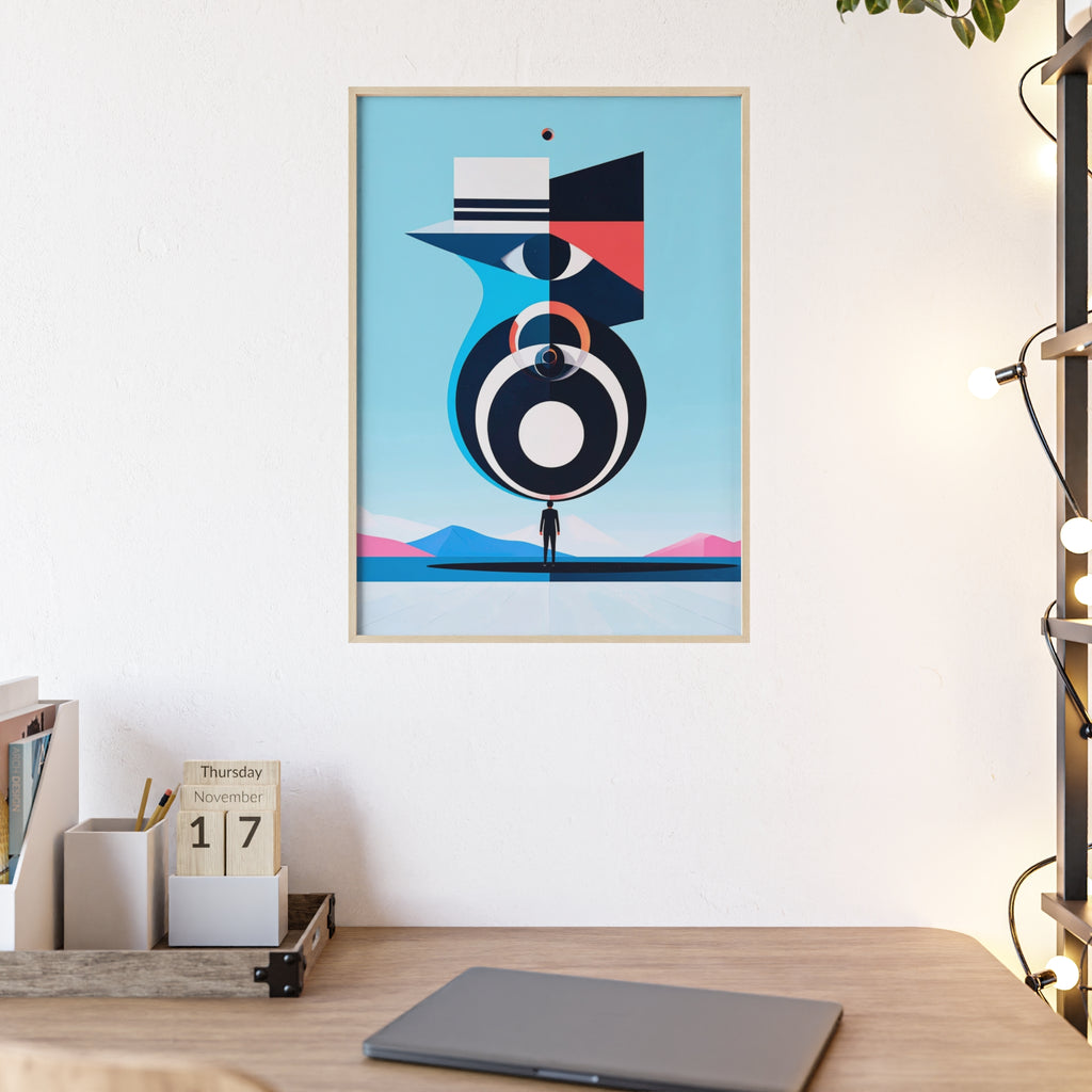 Abstract Geometric Bird Poster with Wooden Frame — Modern Minimalist Wall Art