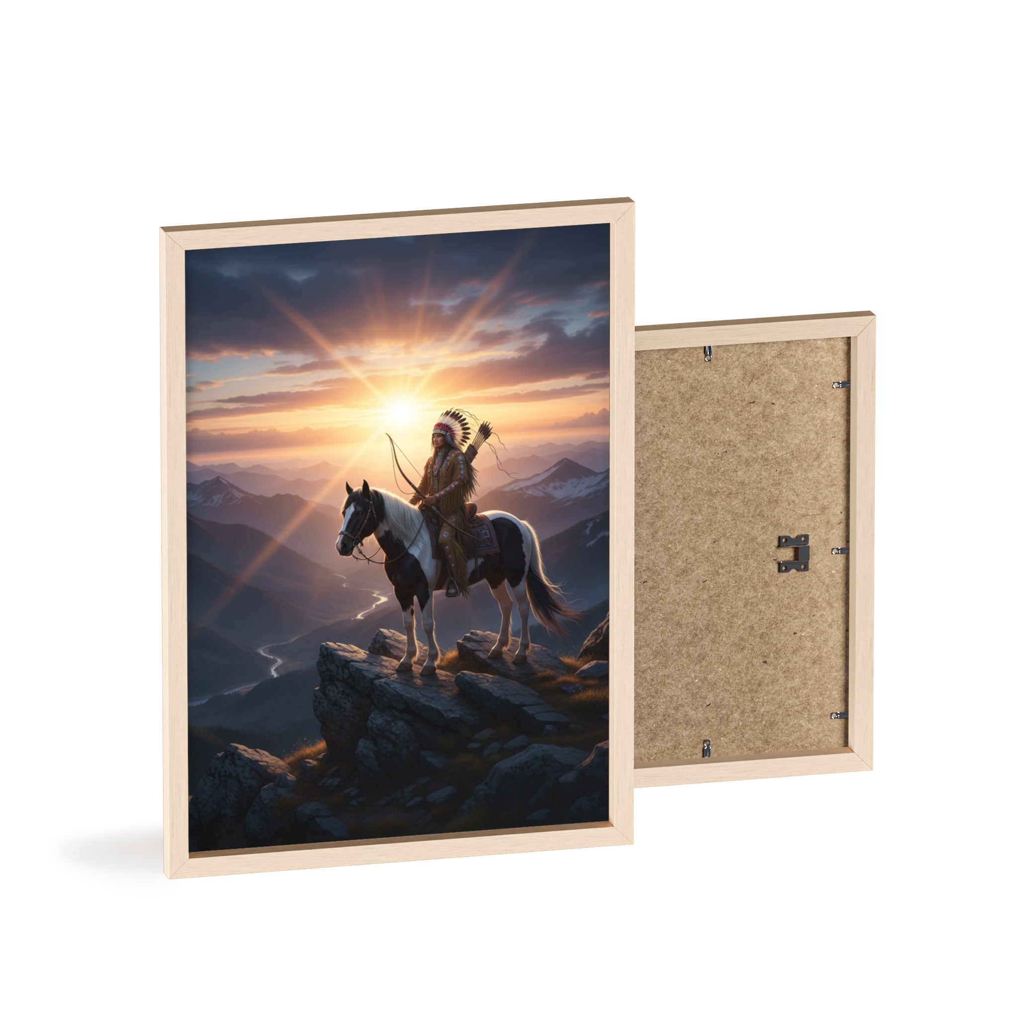 Native American Warrior on Horse Framed Poster — Scenic Sunrise Wall Art