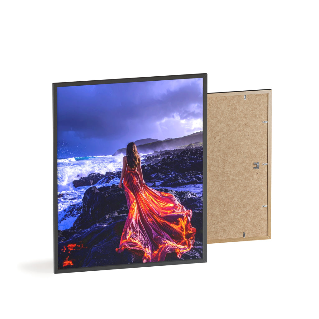 Framed Art Print — Woman in Fiery Red Dress on Rocky Shore (Wooden Frame Poster)