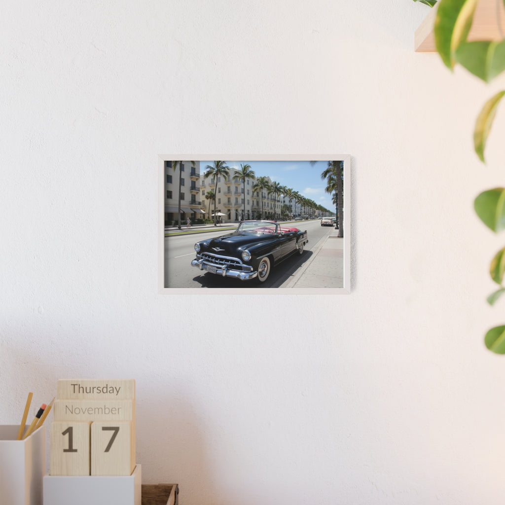Vintage Convertible on Ocean Drive Framed Poster – Retro Classic Car Wall Art