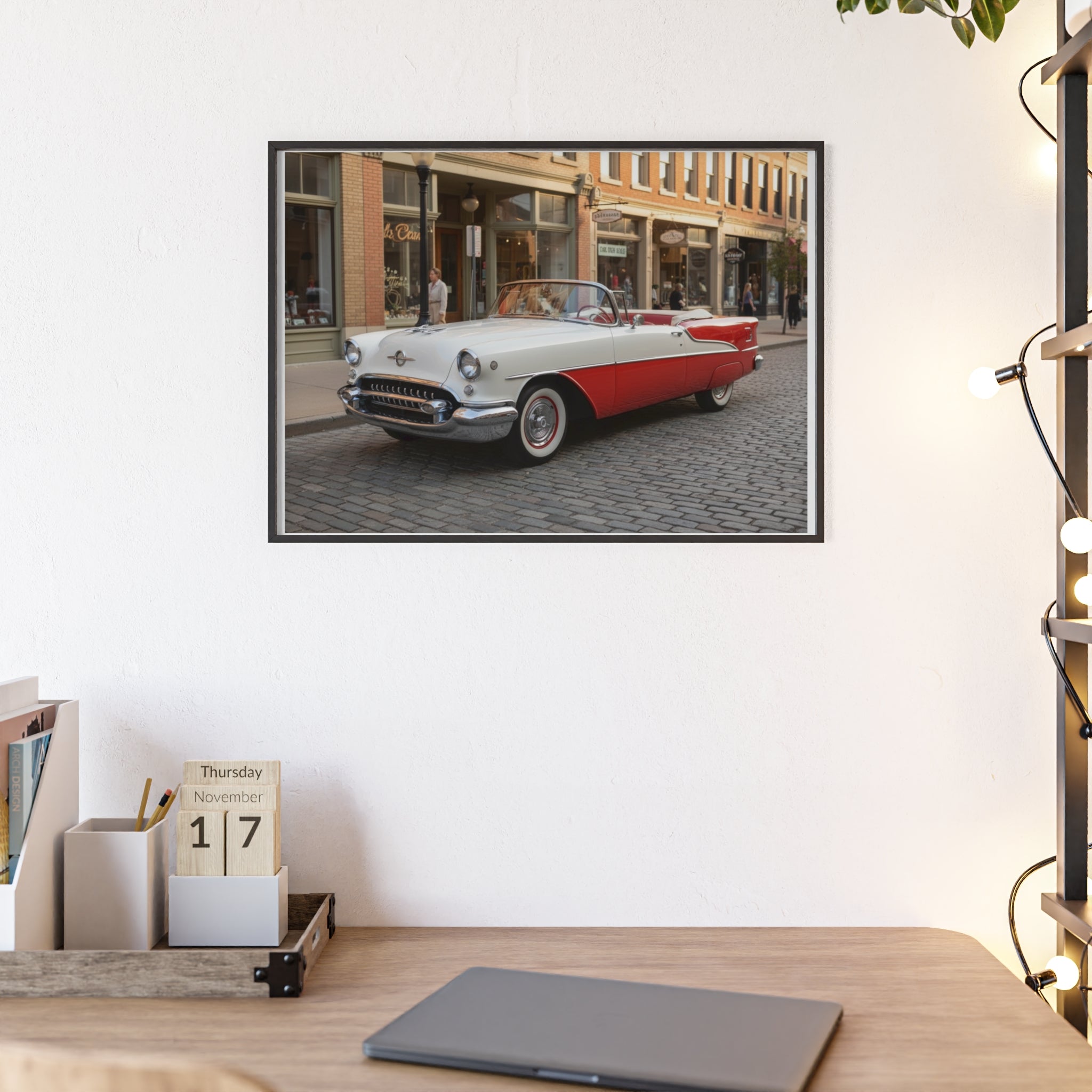 Vintage Red & White Convertible Poster with Wooden Frame — Retro Car Wall Art